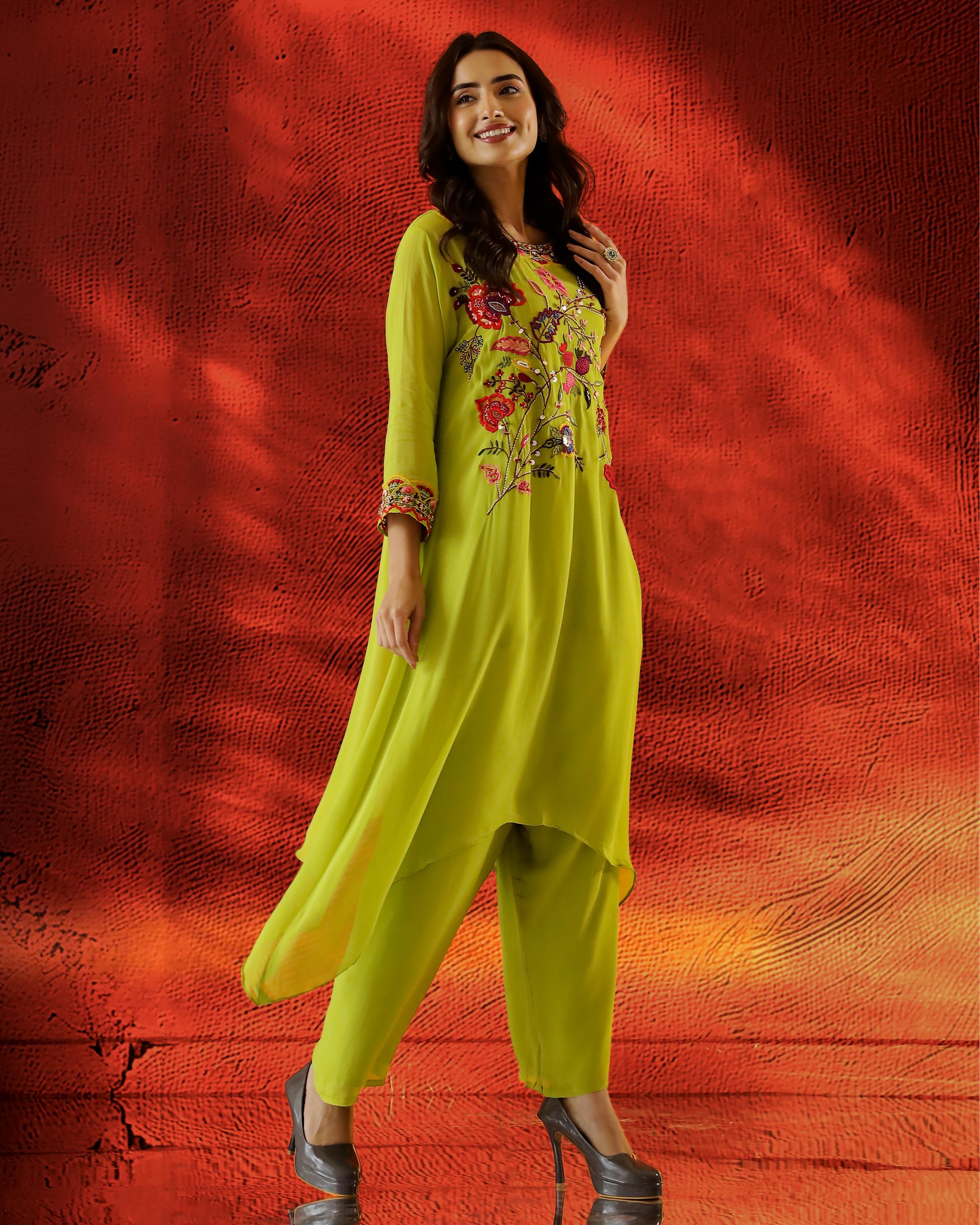 Pear Green Embroidered Georgette Kurta Set