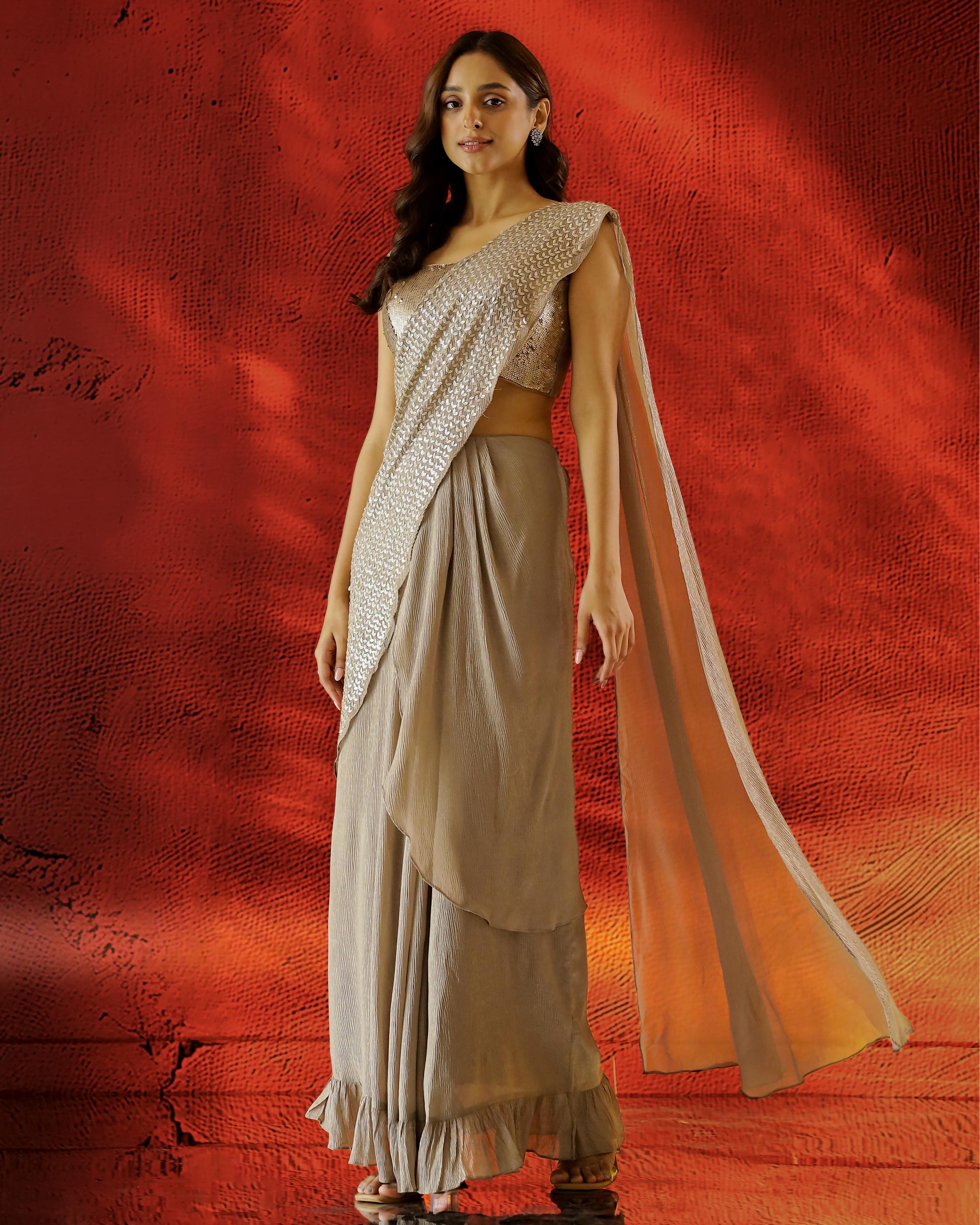 Beige Embellished Shimmer Premium Silk Draped Saree