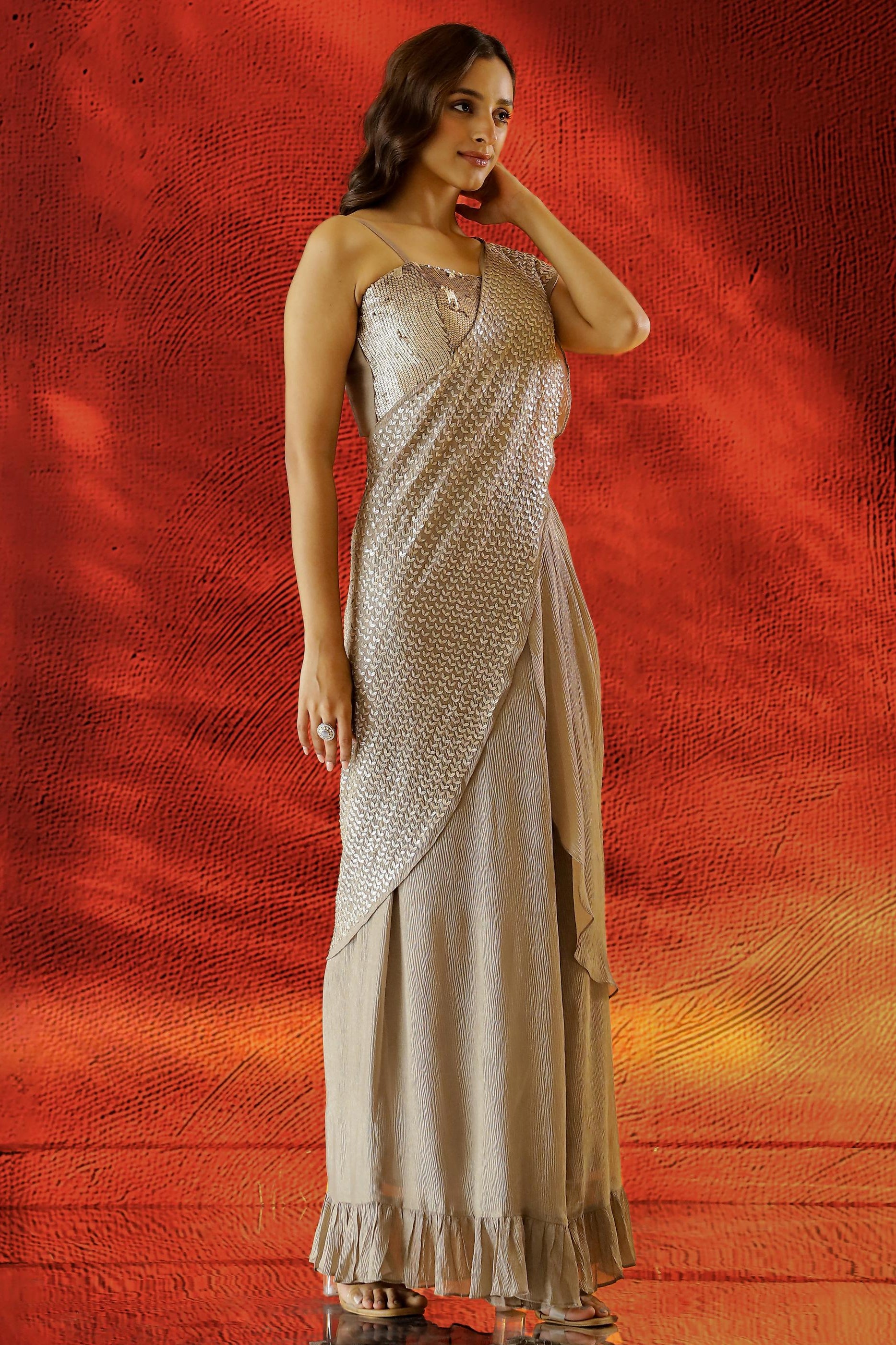 Beige Embellished Shimmer Premium Silk Draped Saree
