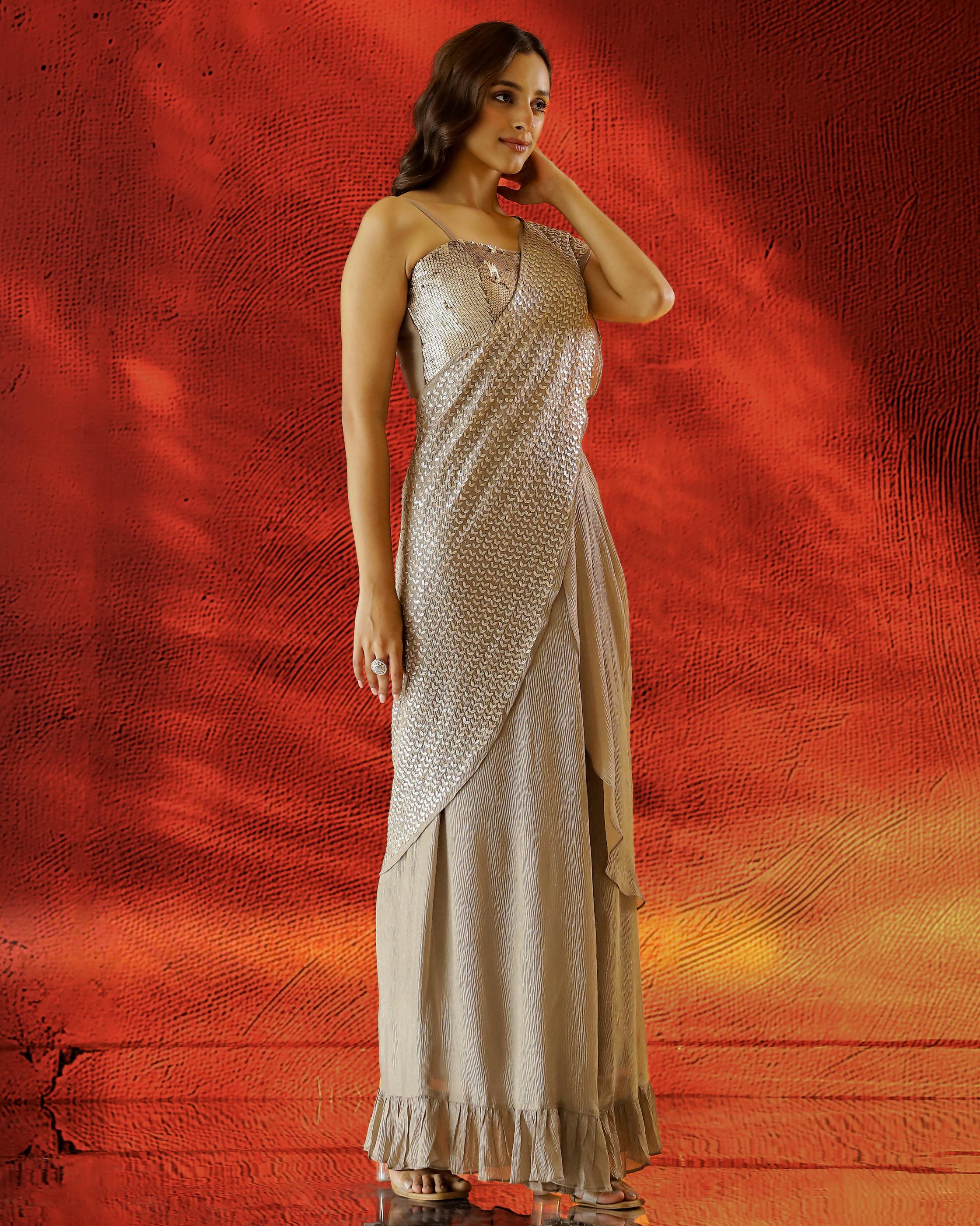 Beige Embellished Shimmer Premium Silk Draped Saree