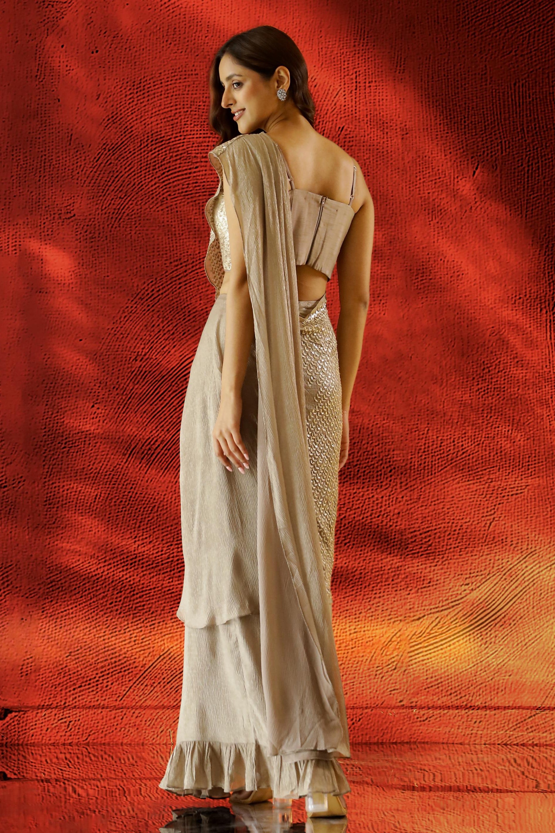 Beige Embellished Shimmer Premium Silk Draped Saree