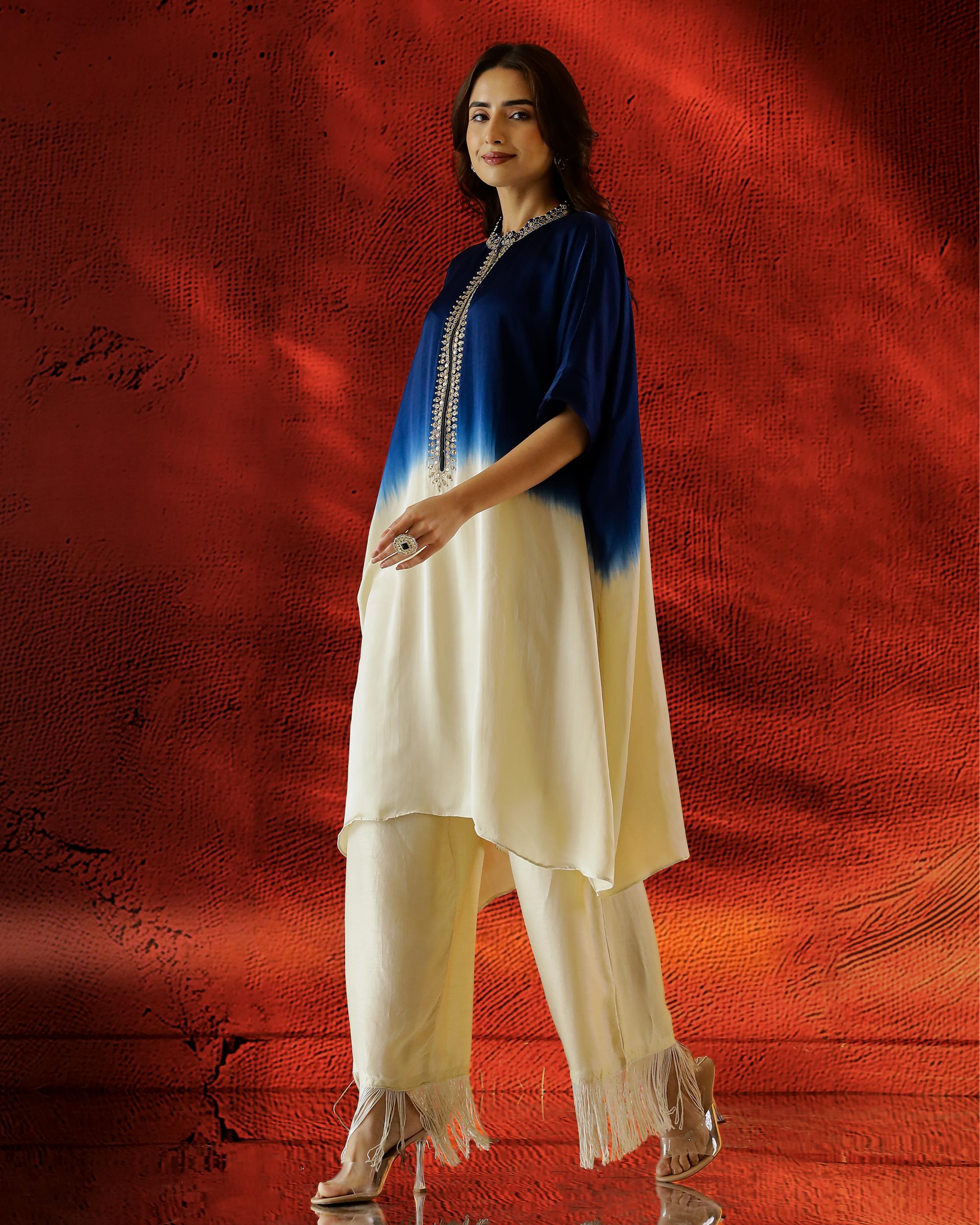 Blue Ombre Dyed Satin Silk Kaftan Set