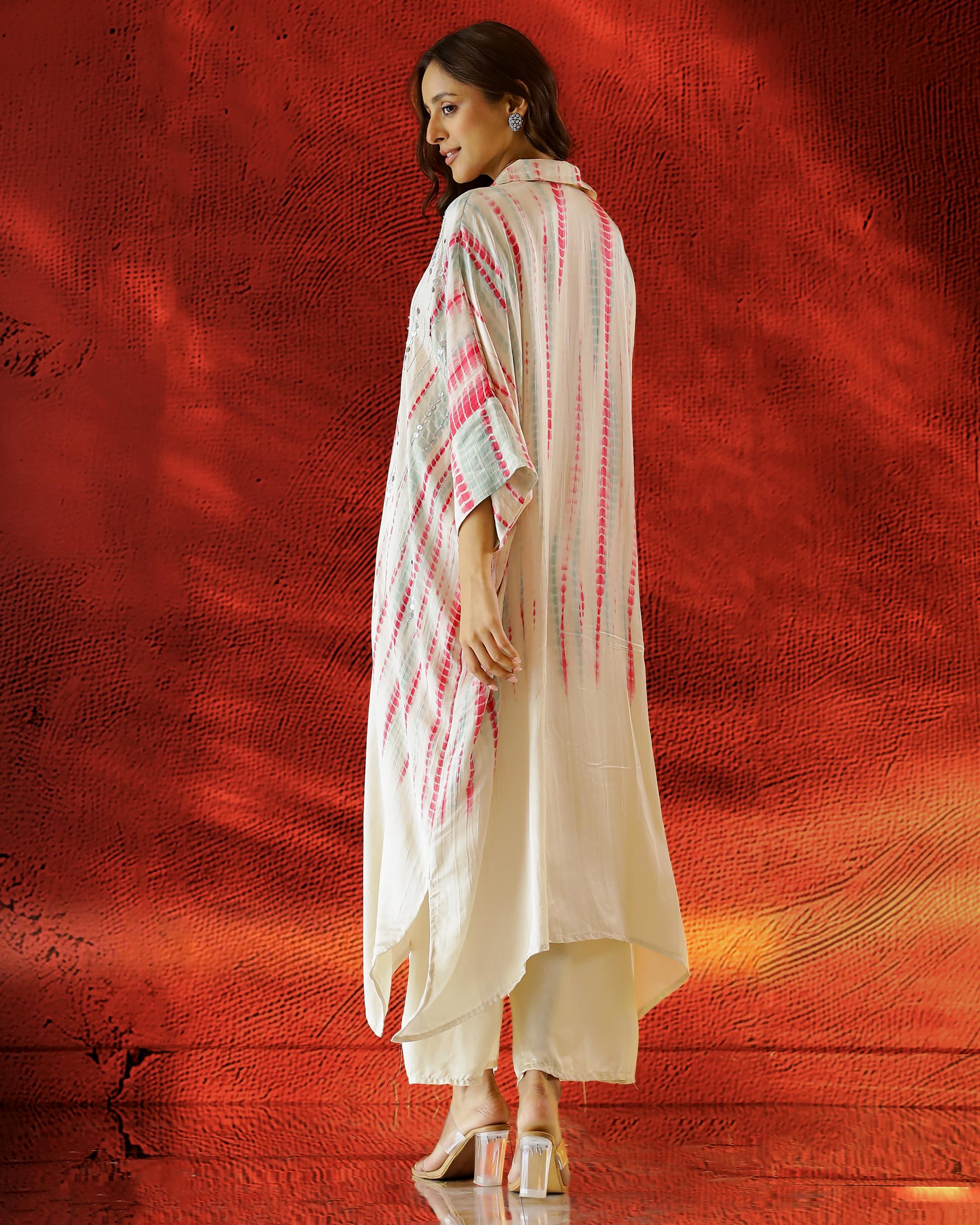 Ivory Embellished Satin Silk Kaftan Set