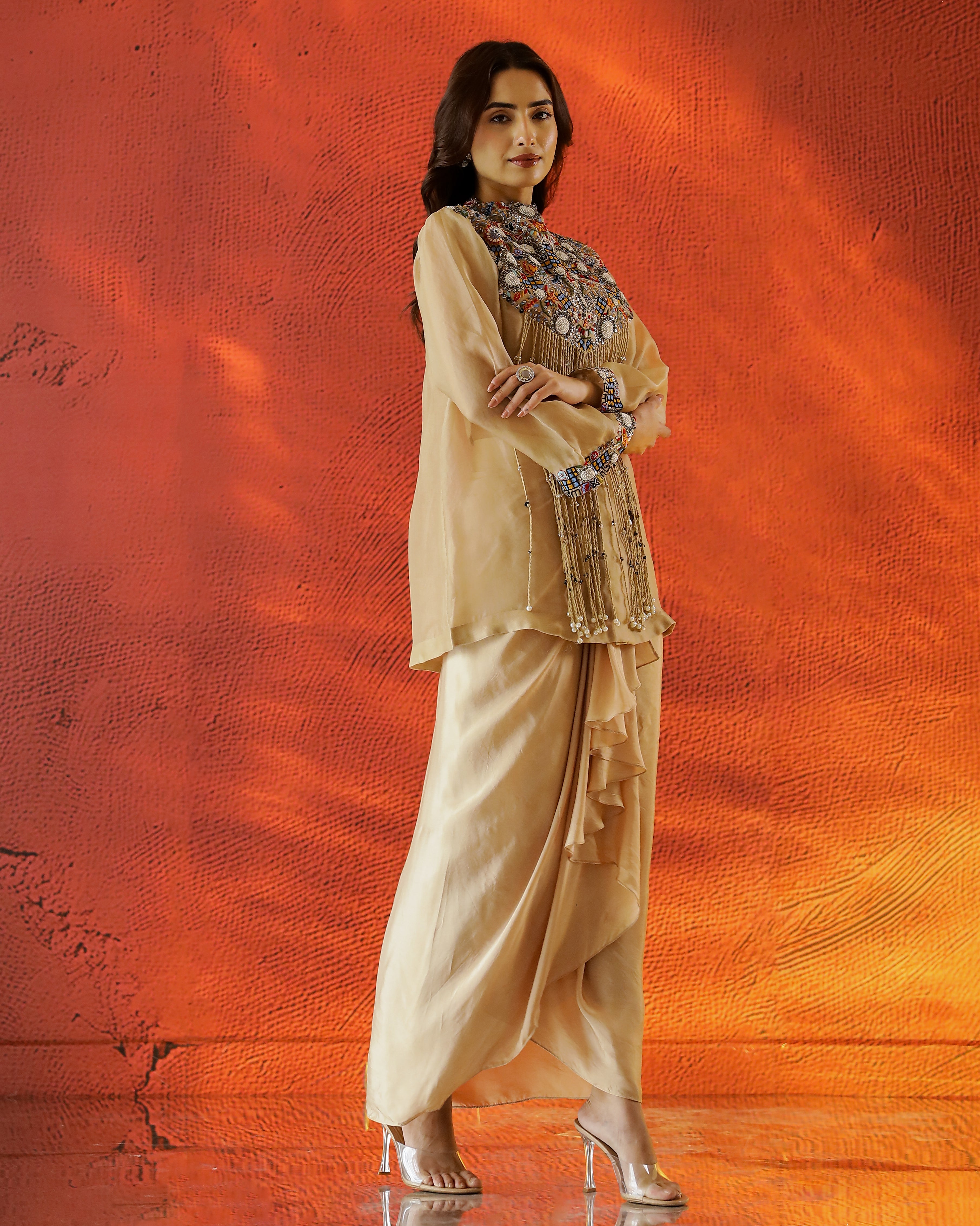 Beige Embroidered Organza Silk Drape Skirt Set