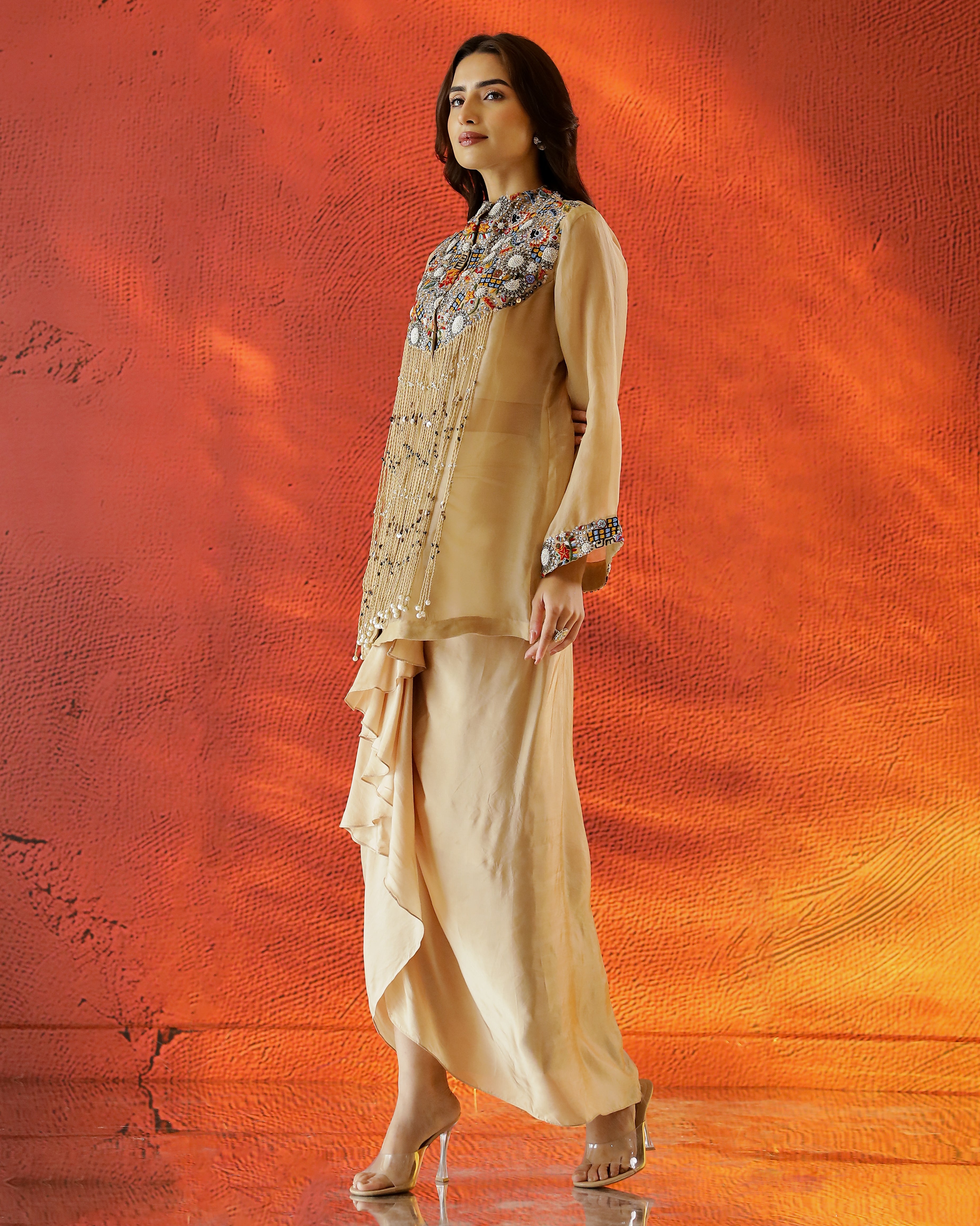 Beige Embroidered Organza Silk Drape Skirt Set