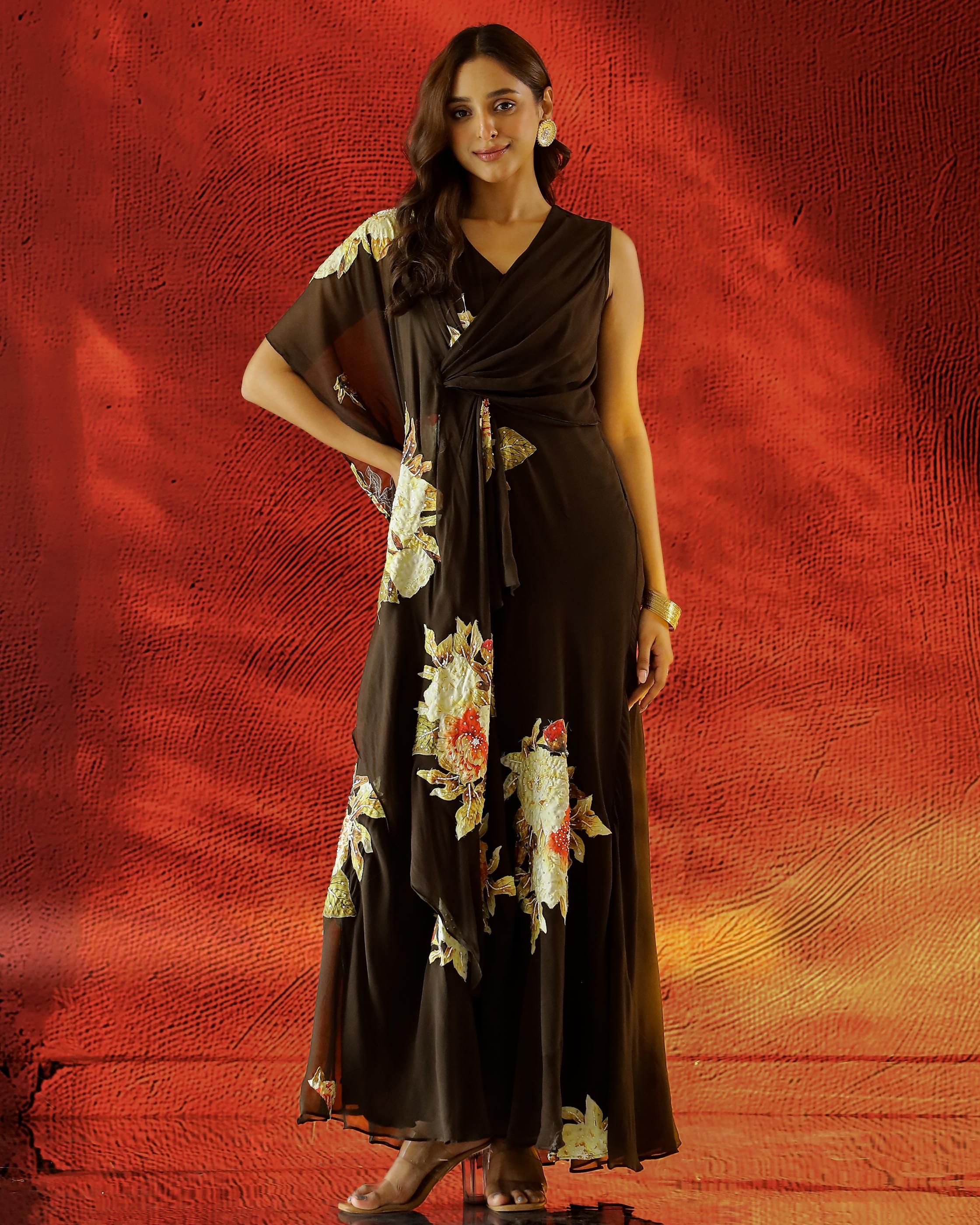 Dark Brown Embellished Chinon Silk Drape Gown