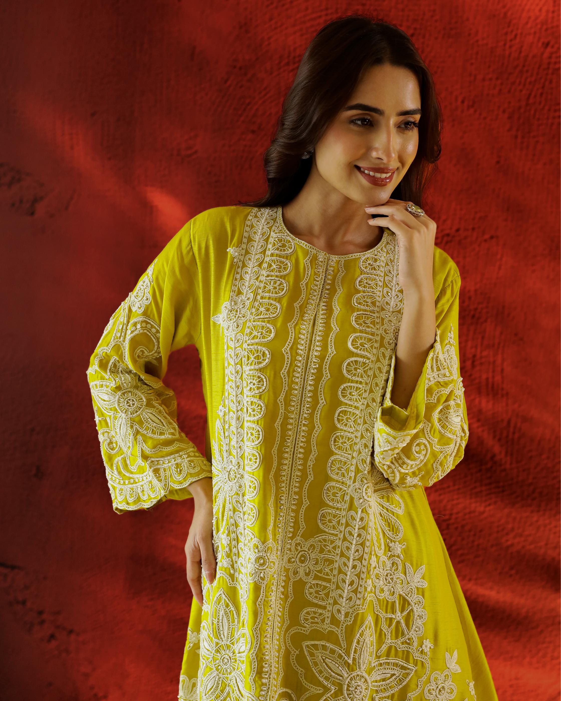 Pear Green Embroidered Raw Silk Kurta Set