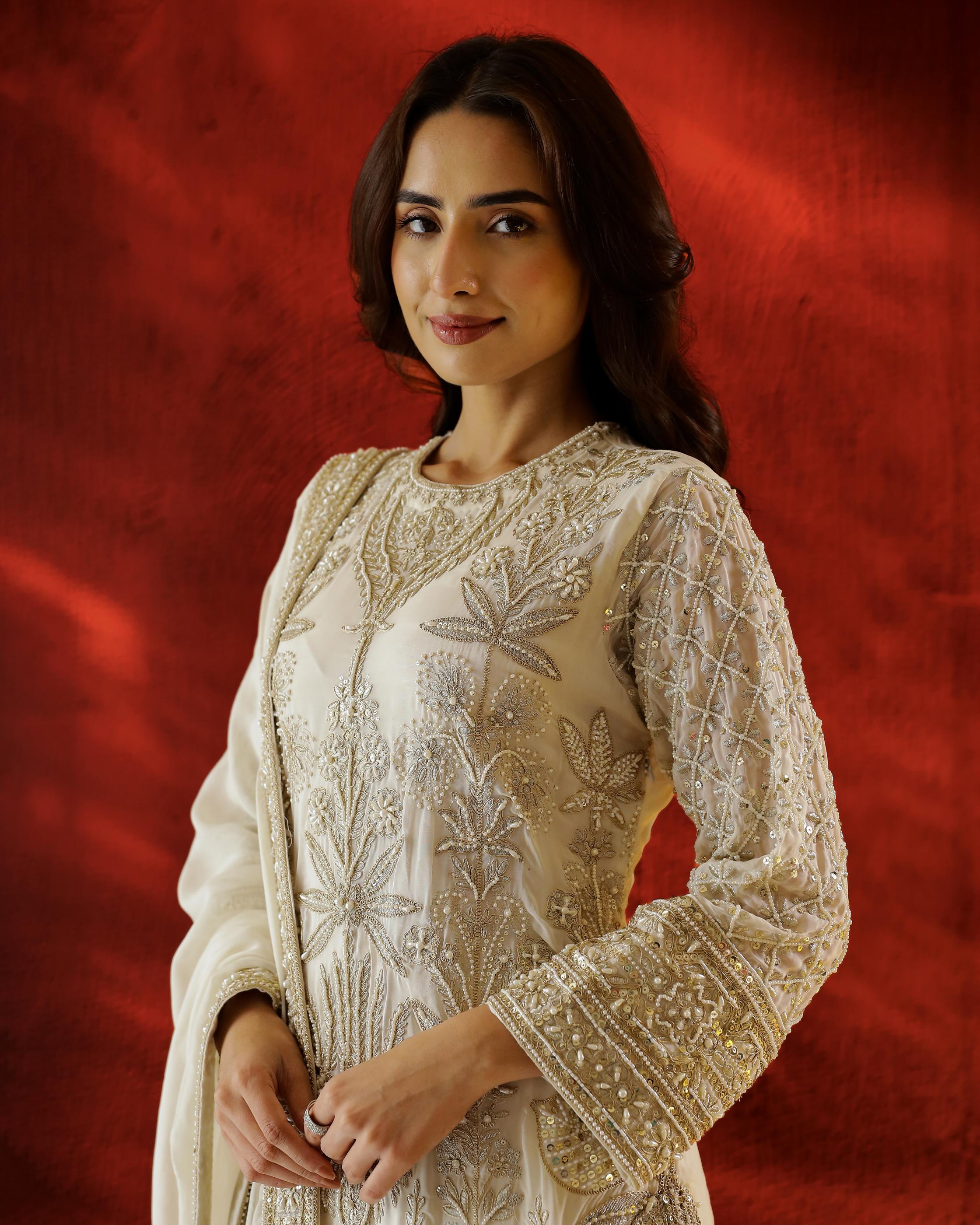 Ivory Embellished Organza Net Silk Kurta Set