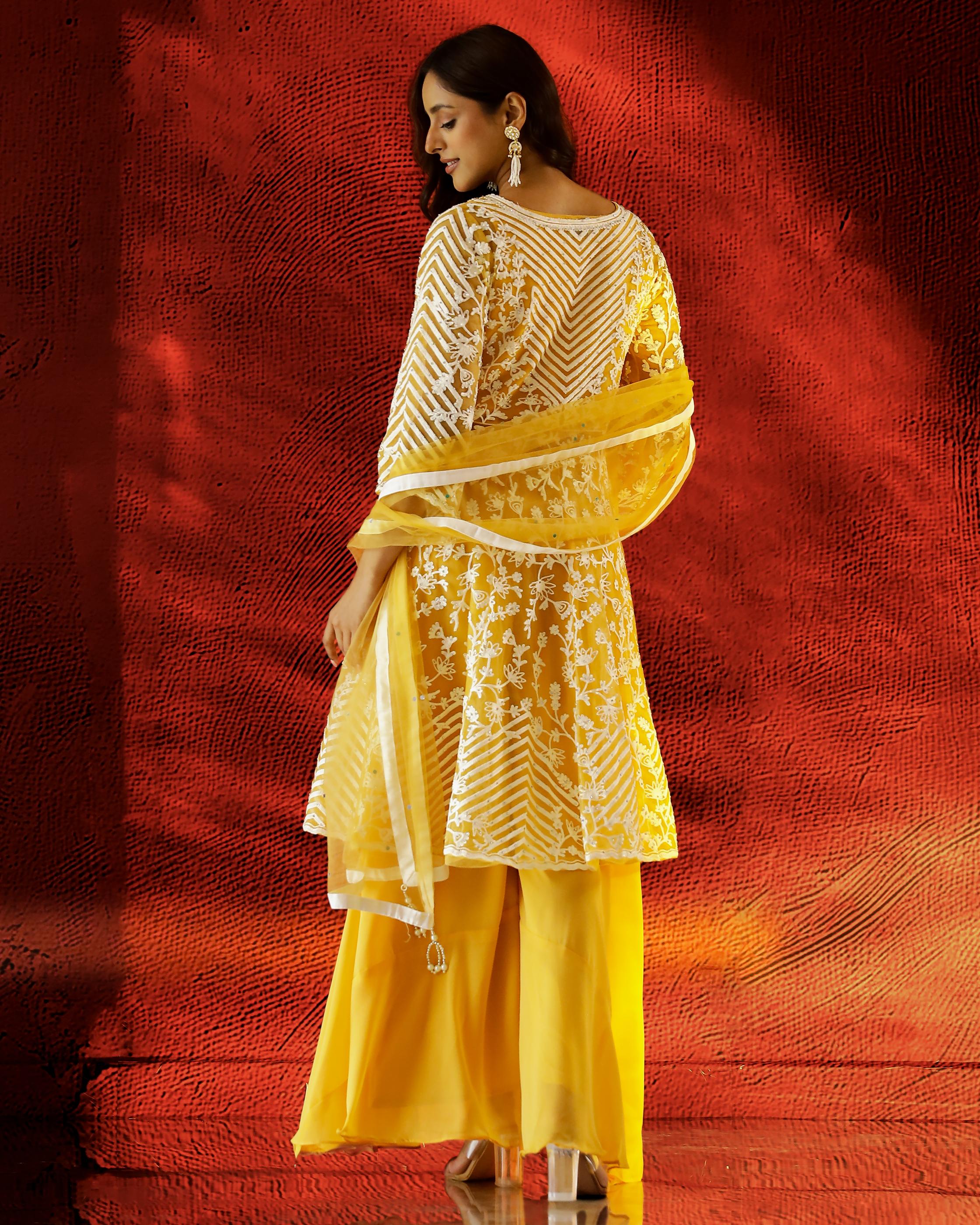 Bright Yellow Embellished Swiss Georgette Silk Palazzo Set