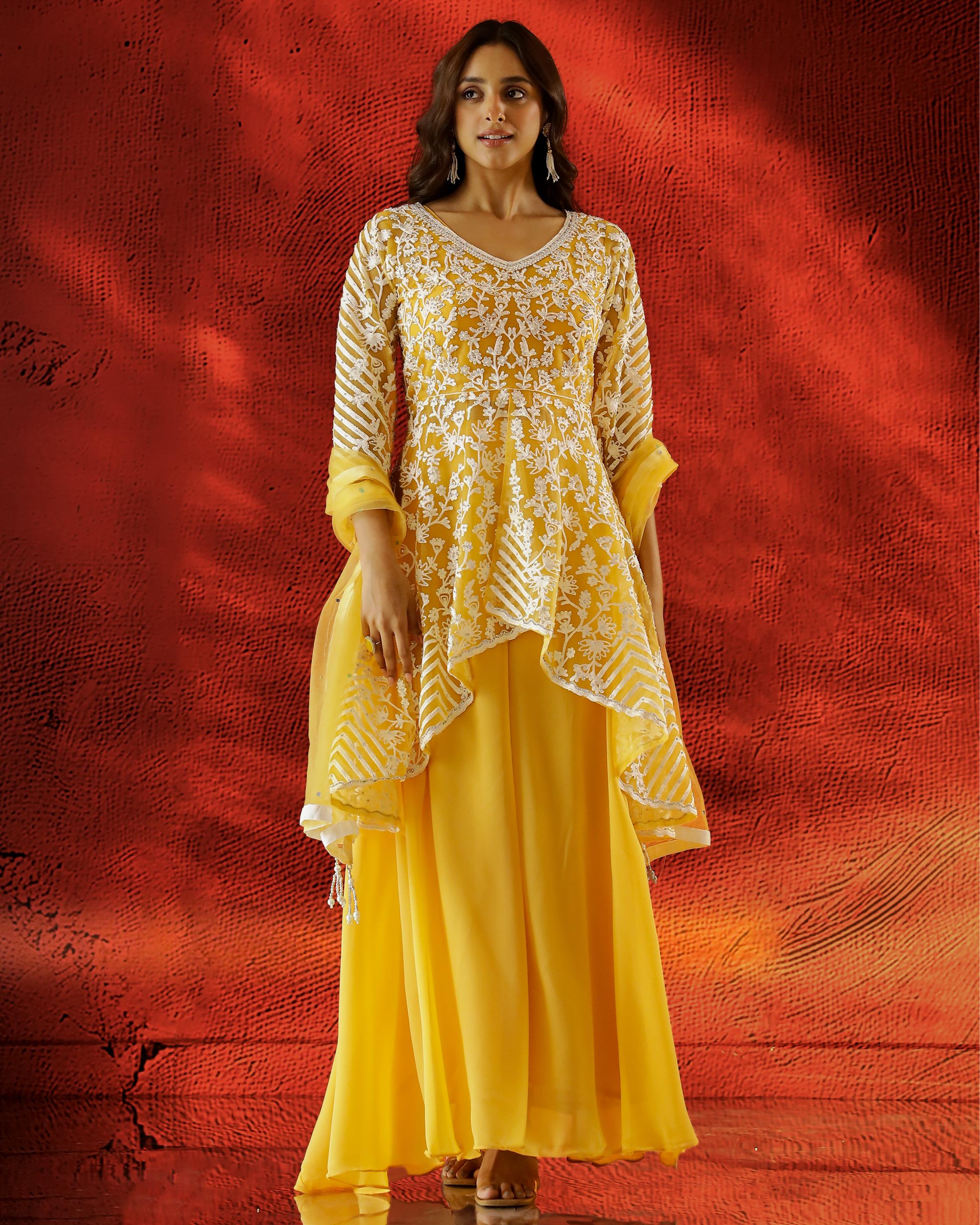 Bright Yellow Embellished Swiss Georgette Silk Palazzo Set