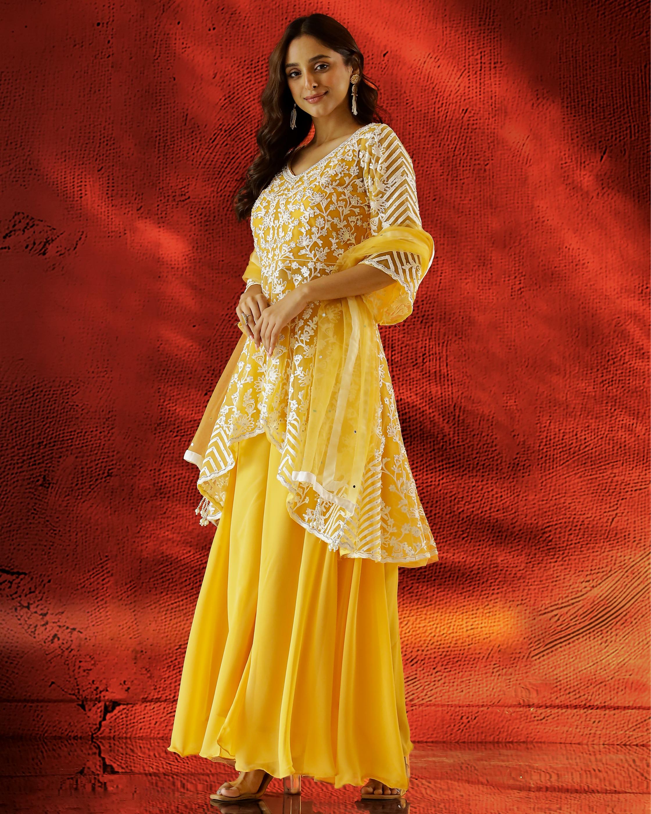 Bright Yellow Embellished Swiss Georgette Silk Palazzo Set