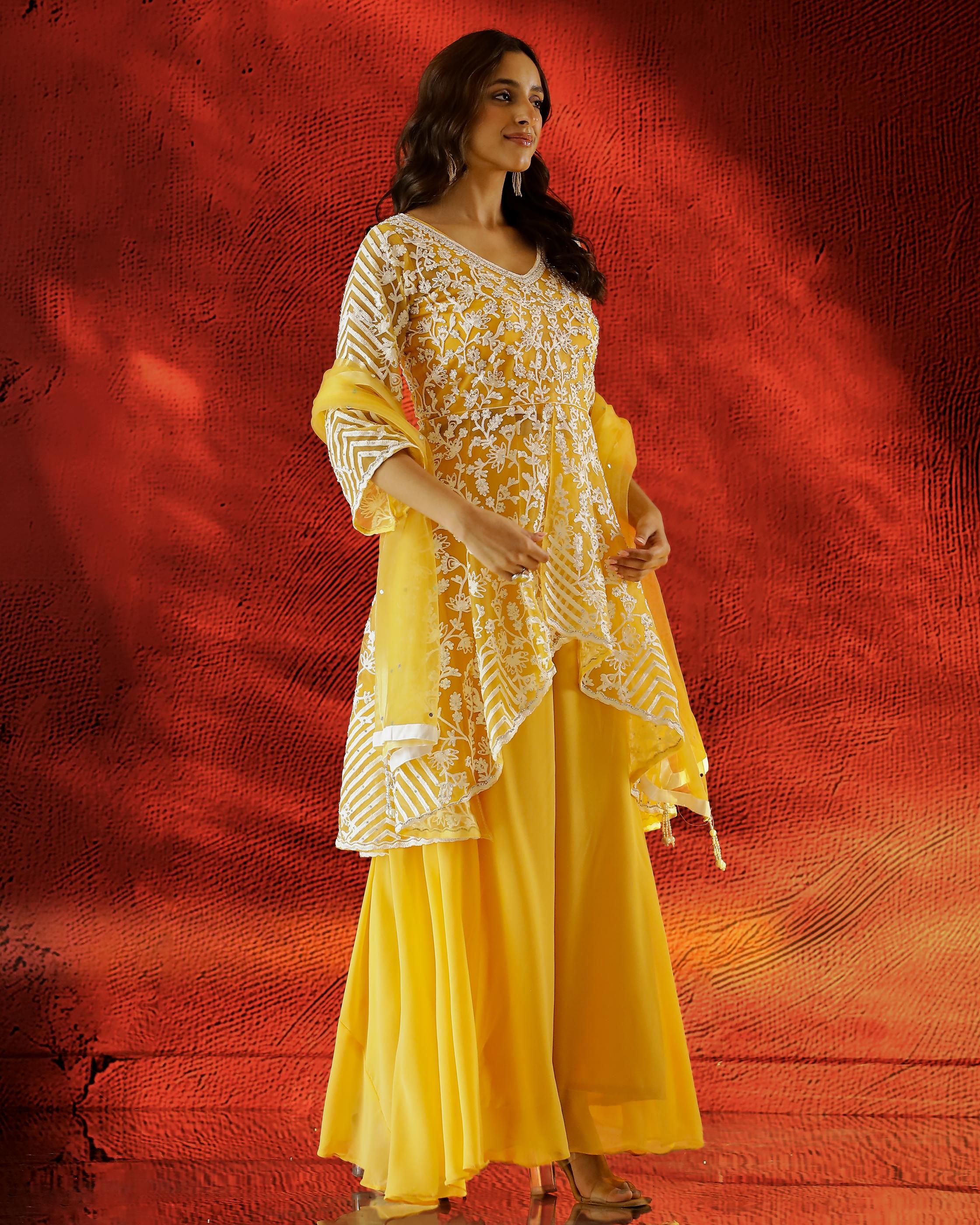 Bright Yellow Embellished Swiss Georgette Silk Palazzo Set