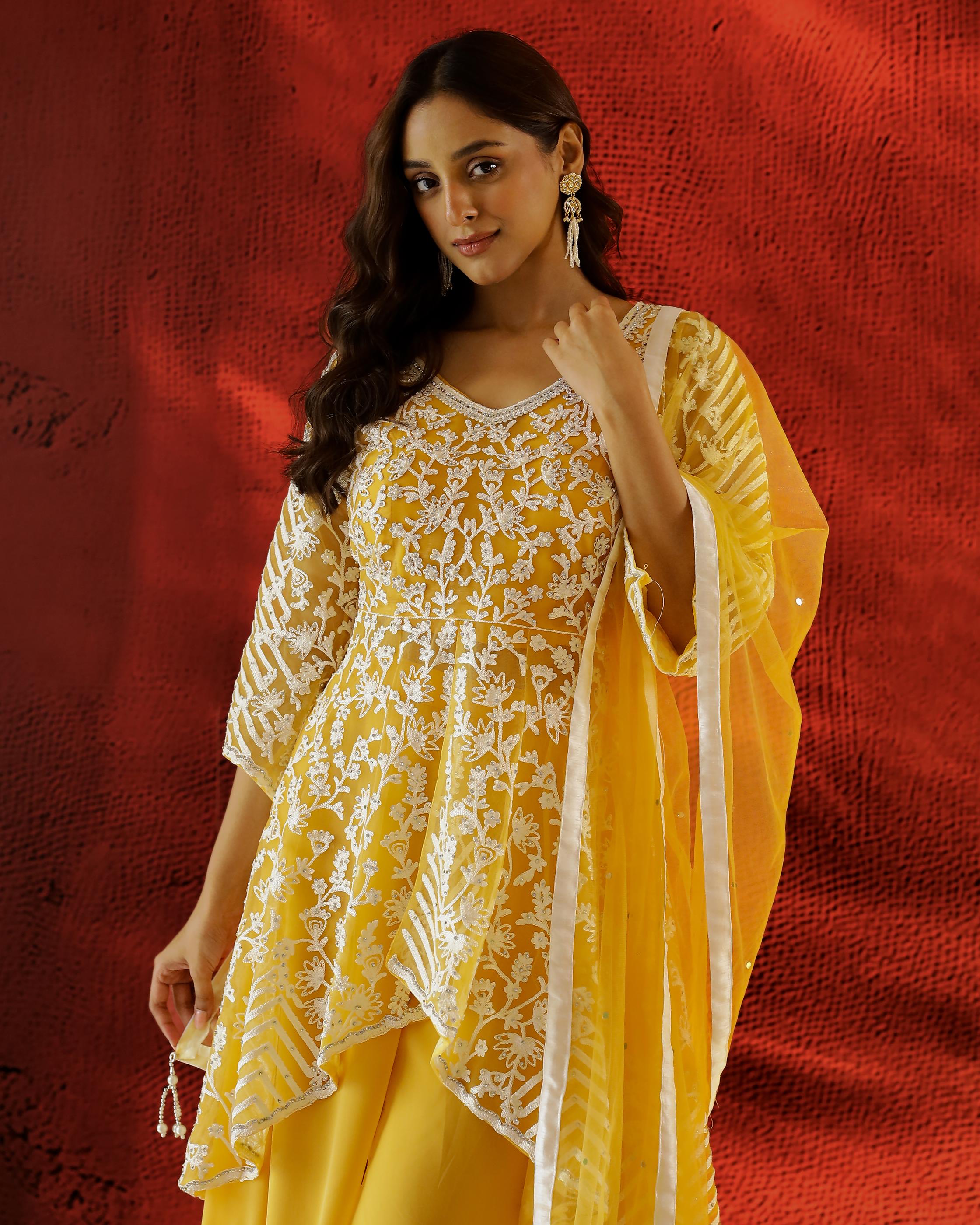 Bright Yellow Embellished Swiss Georgette Silk Palazzo Set