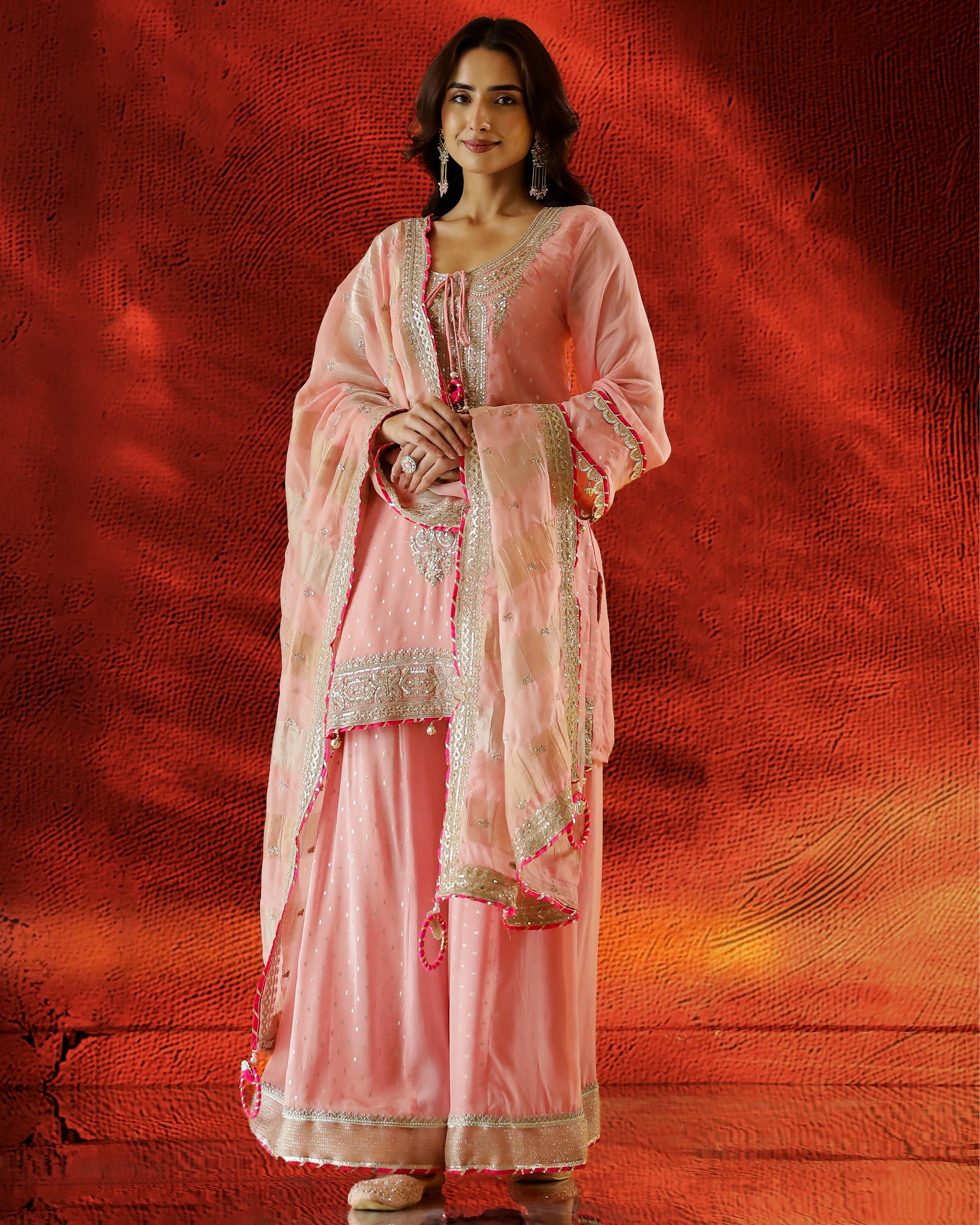 Pale Pink Embellished Organza Silk Palazzo Set