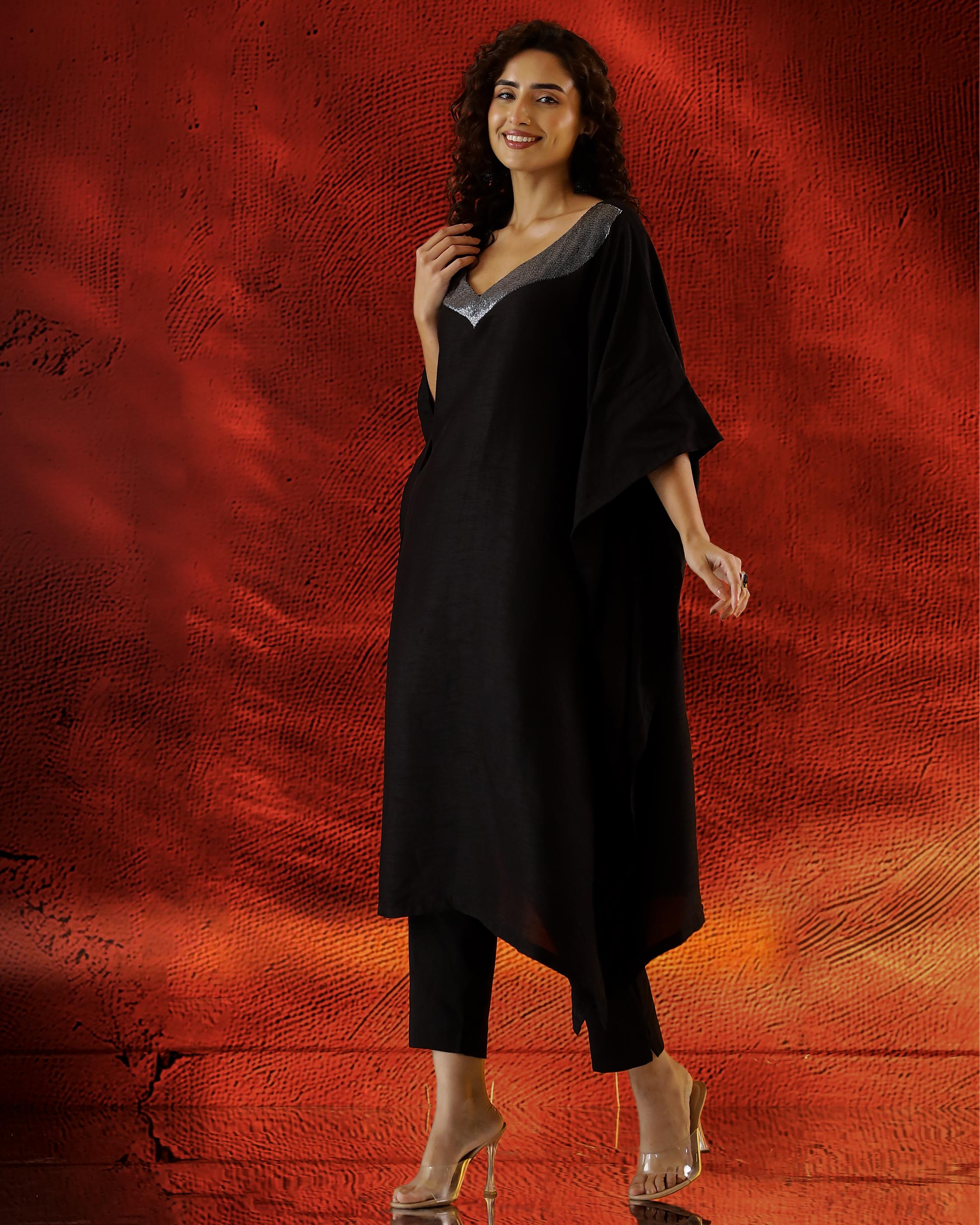 Classic Black Raw Silk Kaftan Set