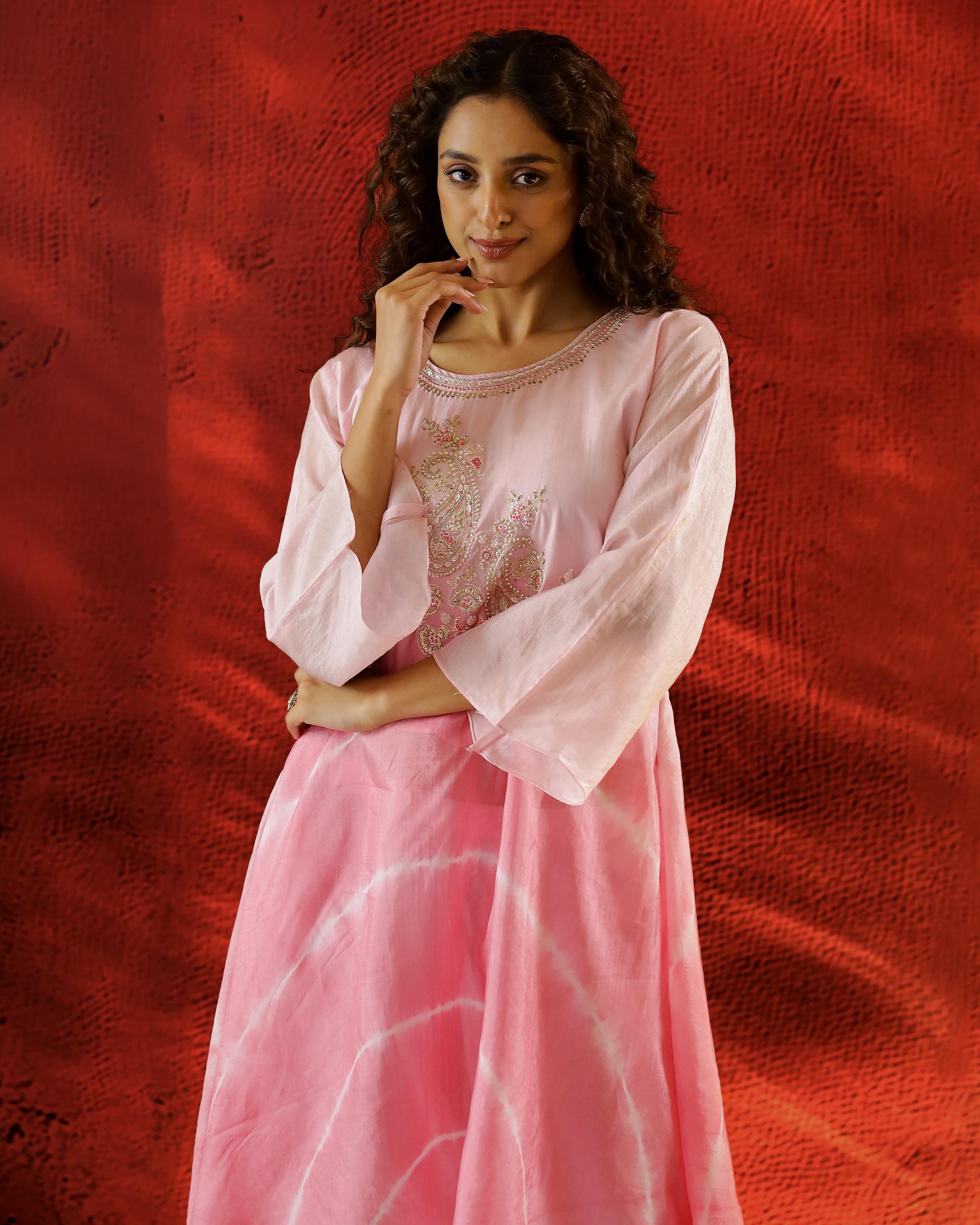 Baby Pink Embellished Tissue Organza Silk Kurta Set