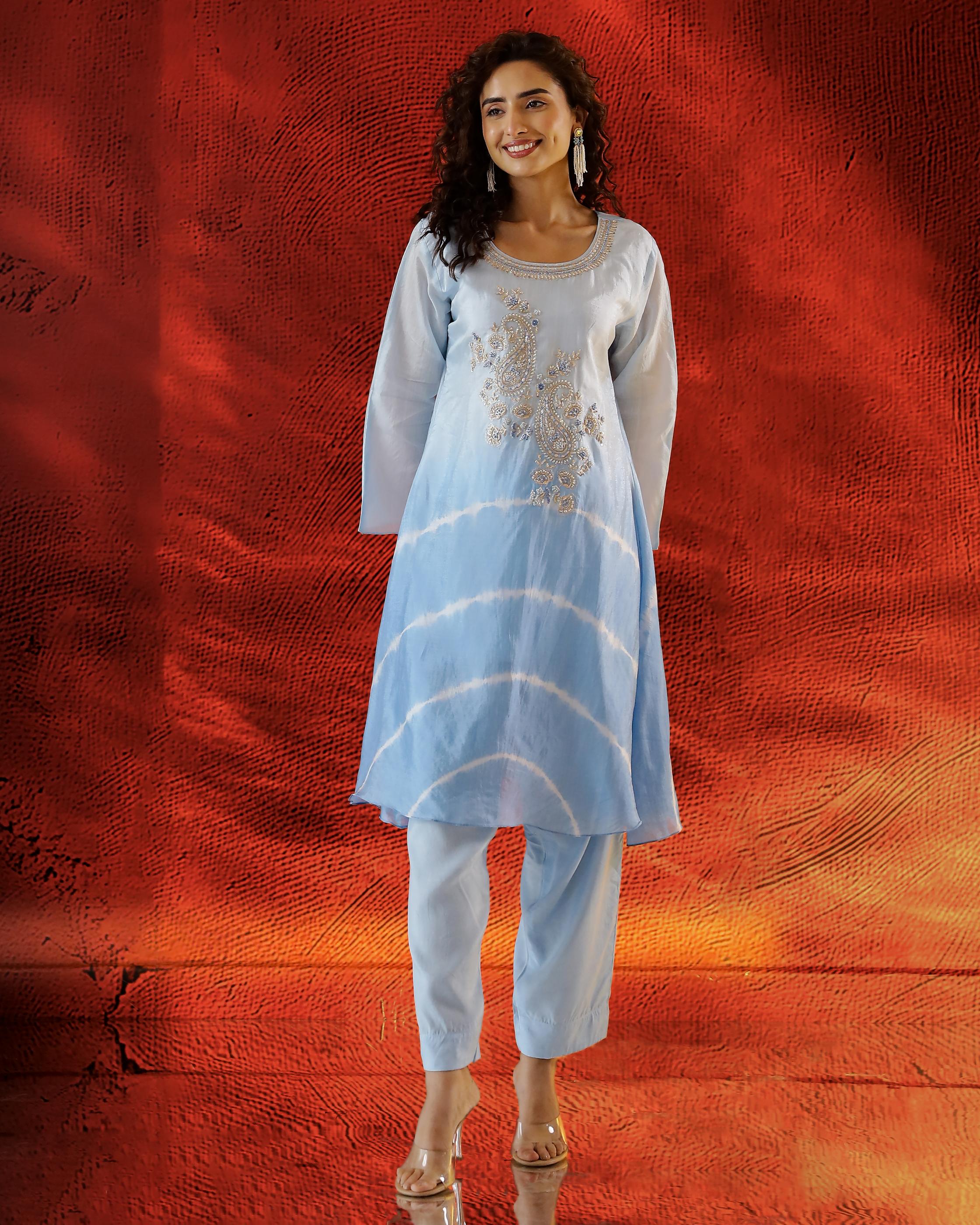 Light Blue Embellished Tissue Organza Silk Kurta Set