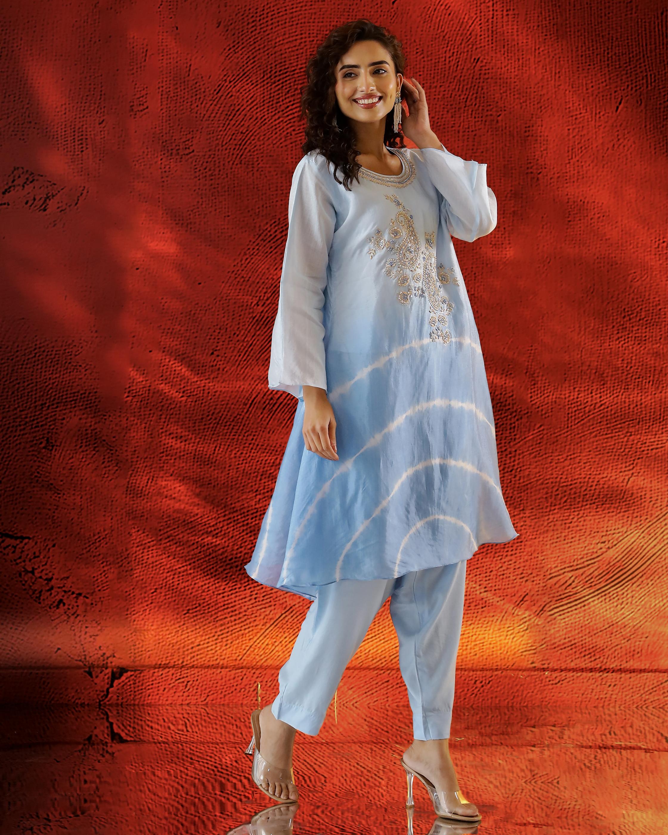 Light Blue Embellished Tissue Organza Silk Kurta Set