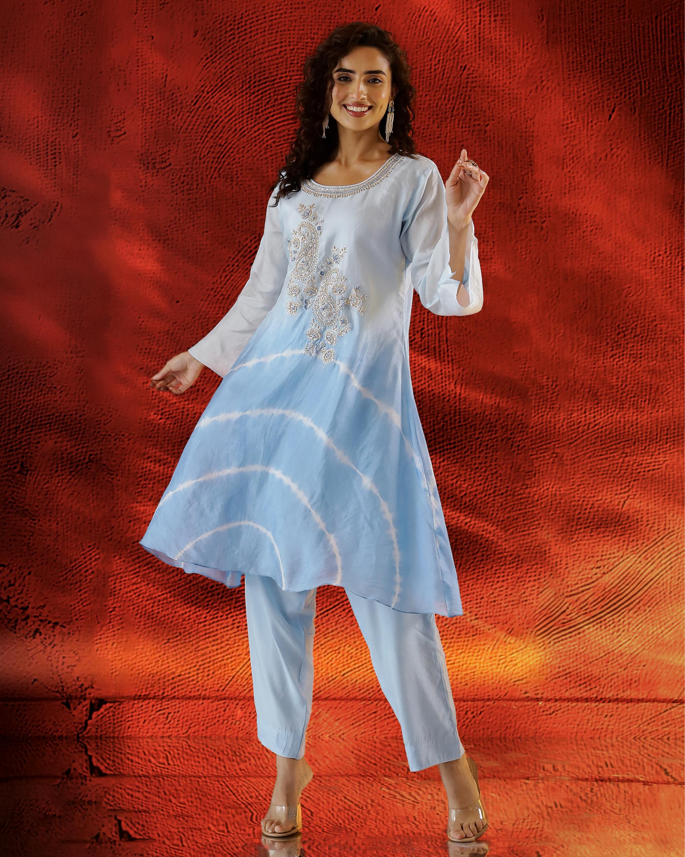 Light Blue Embellished Tissue Organza Silk Kurta Set