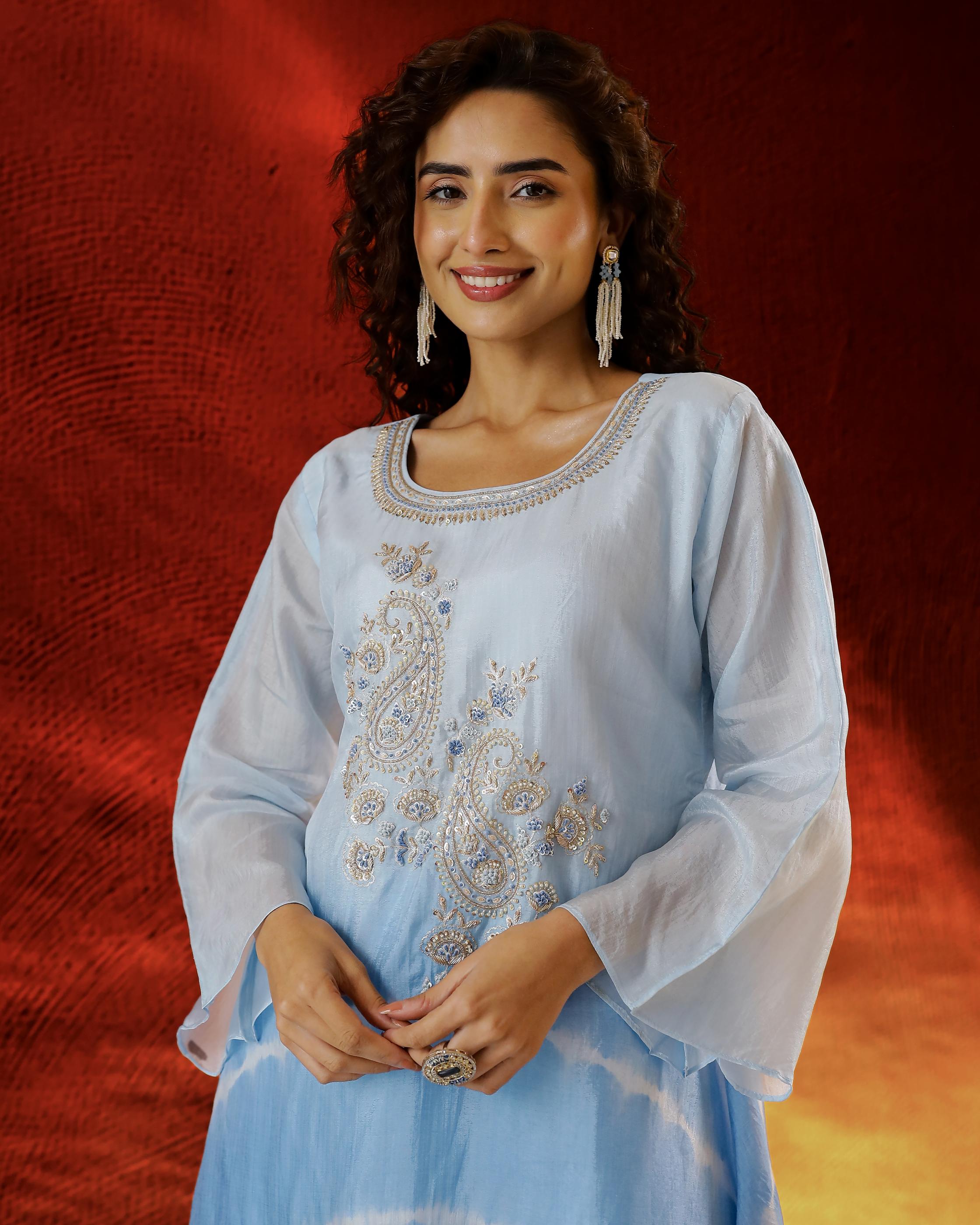 Light Blue Embellished Tissue Organza Silk Kurta Set