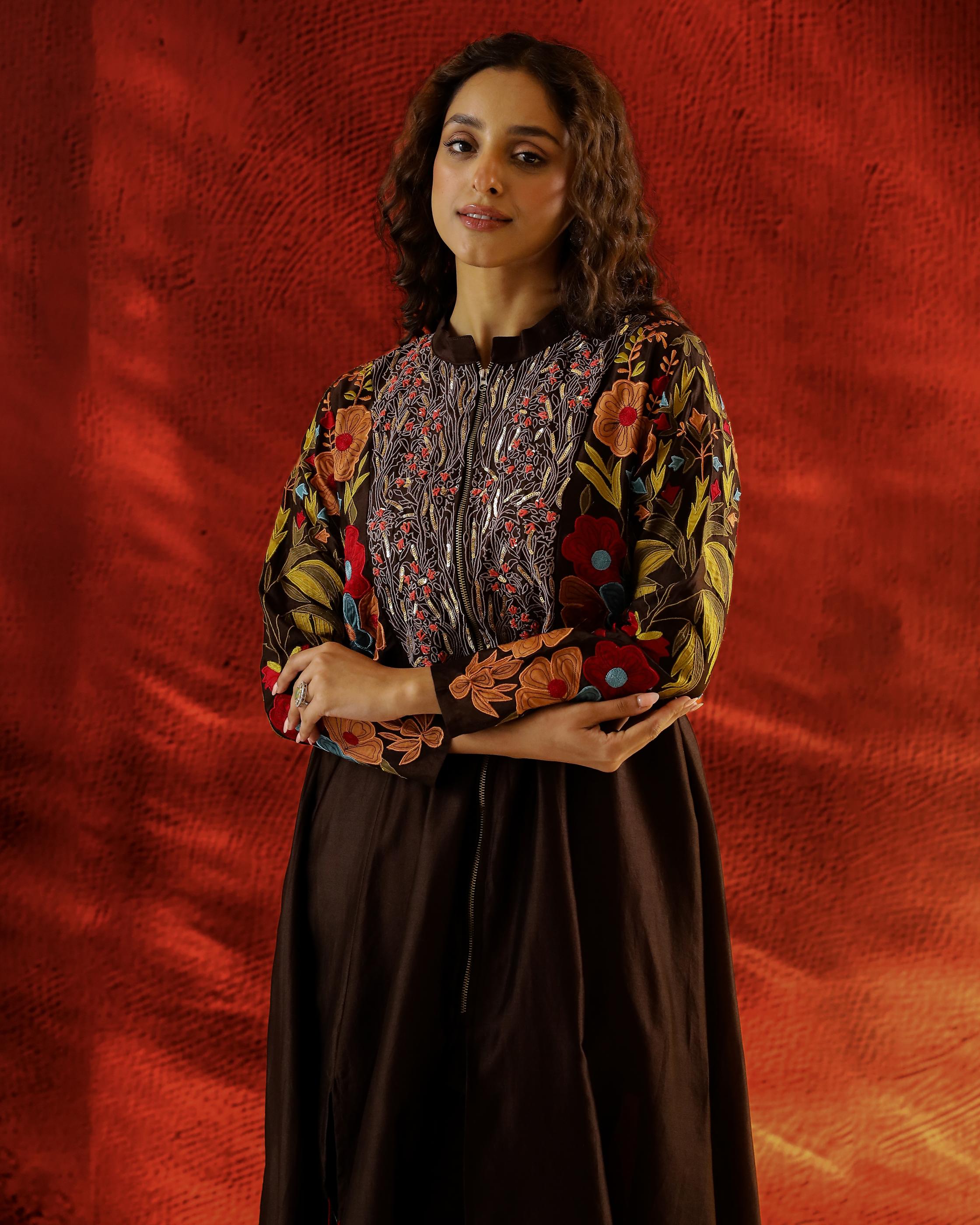 Brown Embroidered Raw Silk Kurta Set