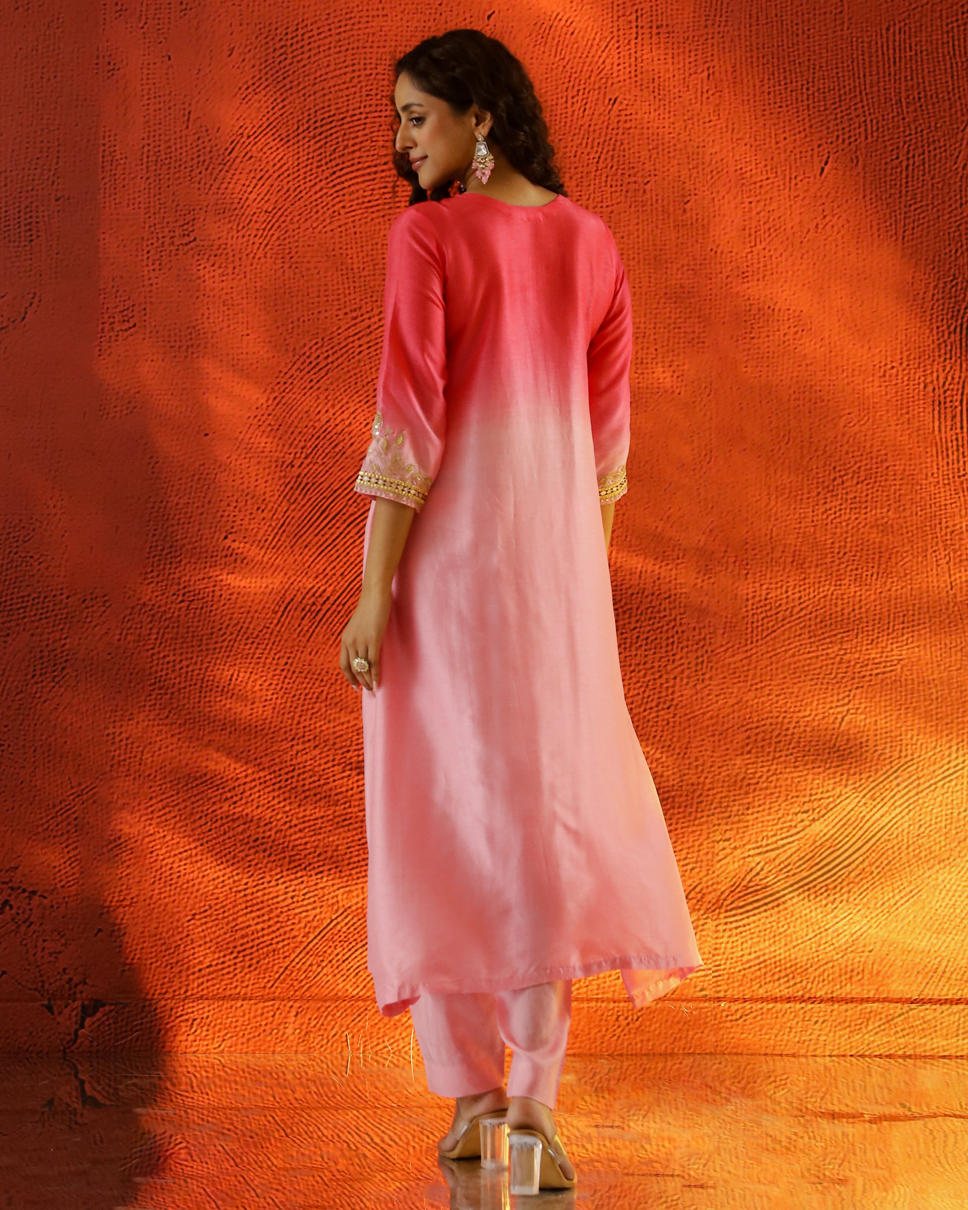 Peach Embellished Raw Silk Kurta Set