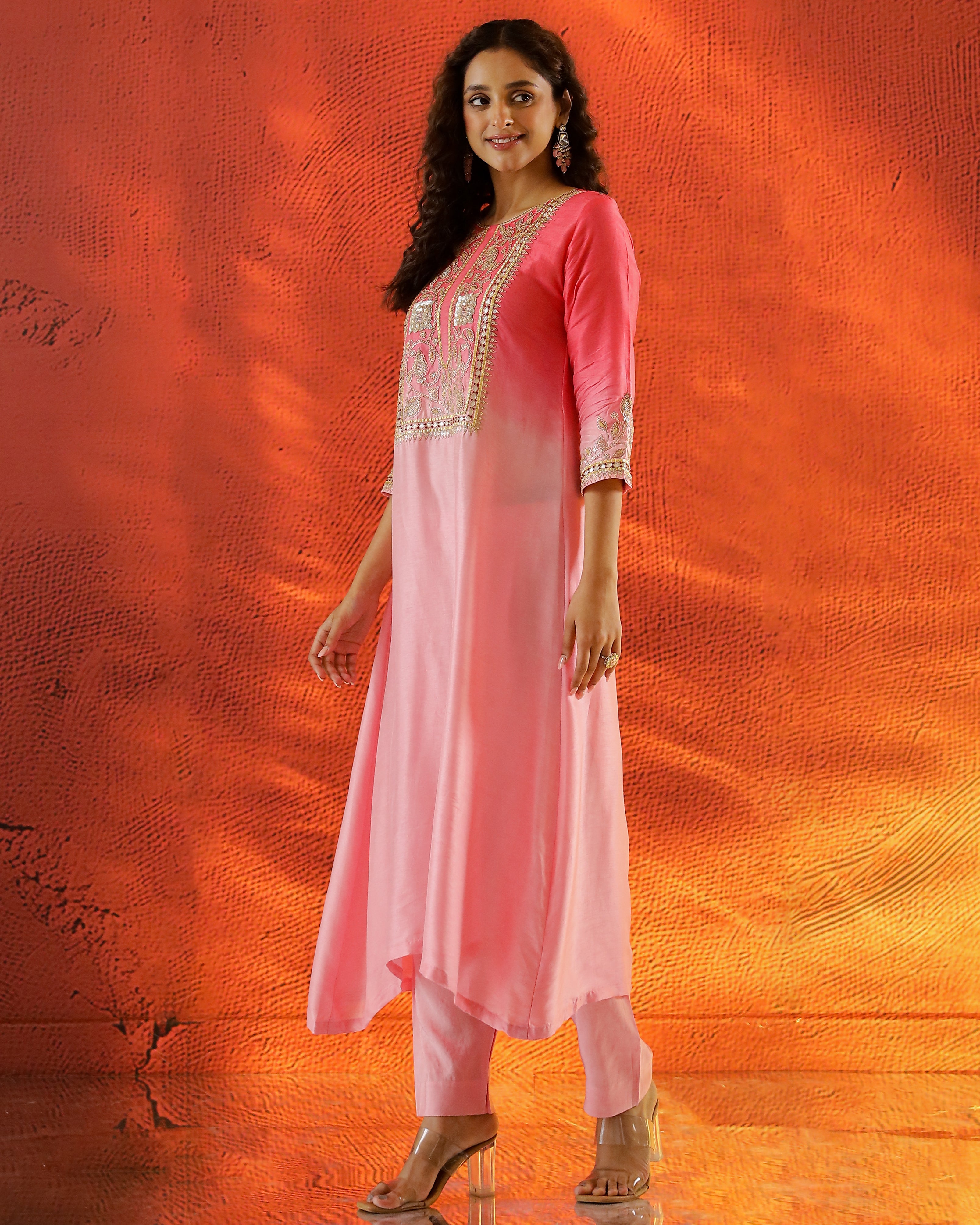 Peach Embellished Raw Silk Kurta Set