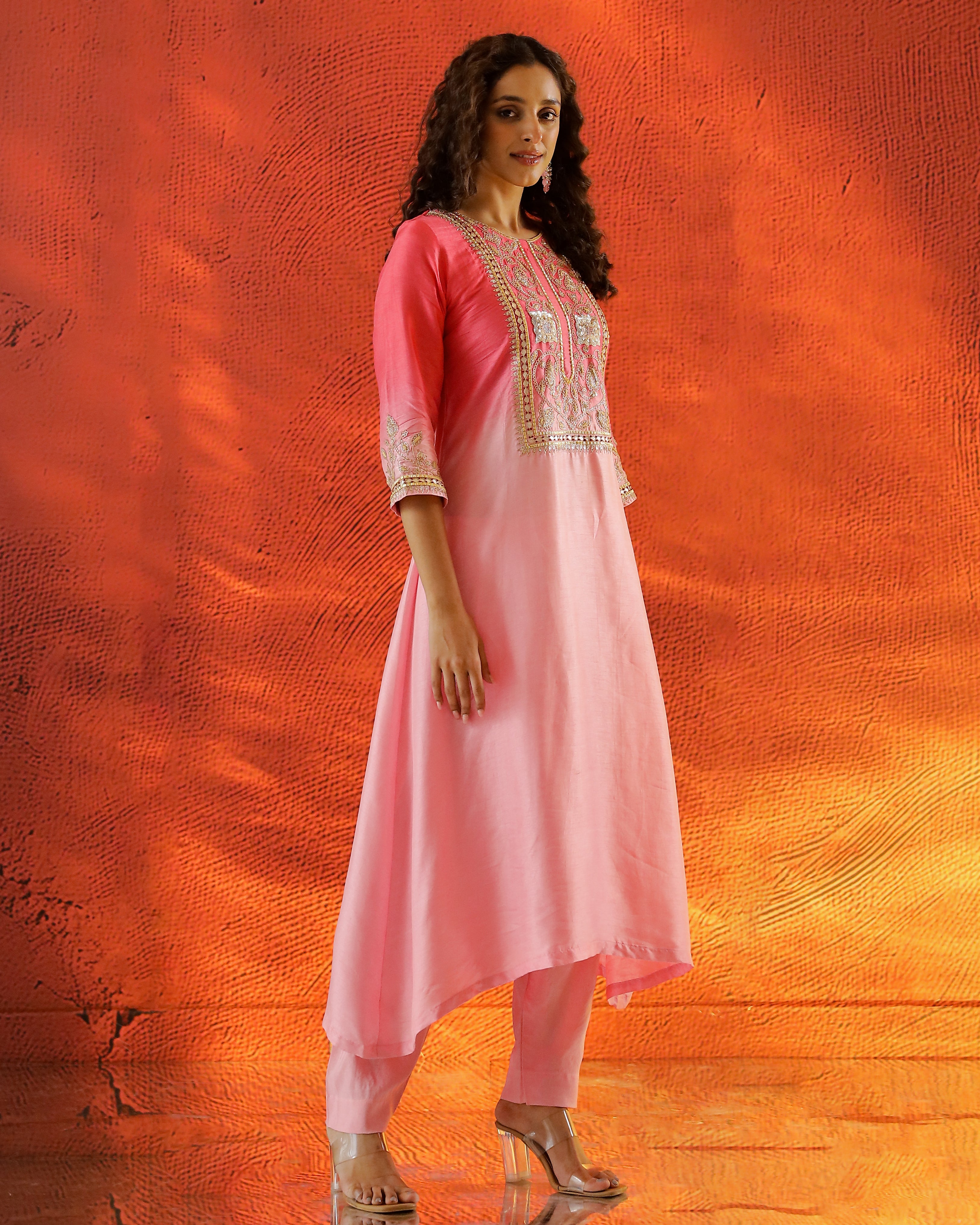 Peach Embellished Raw Silk Kurta Set