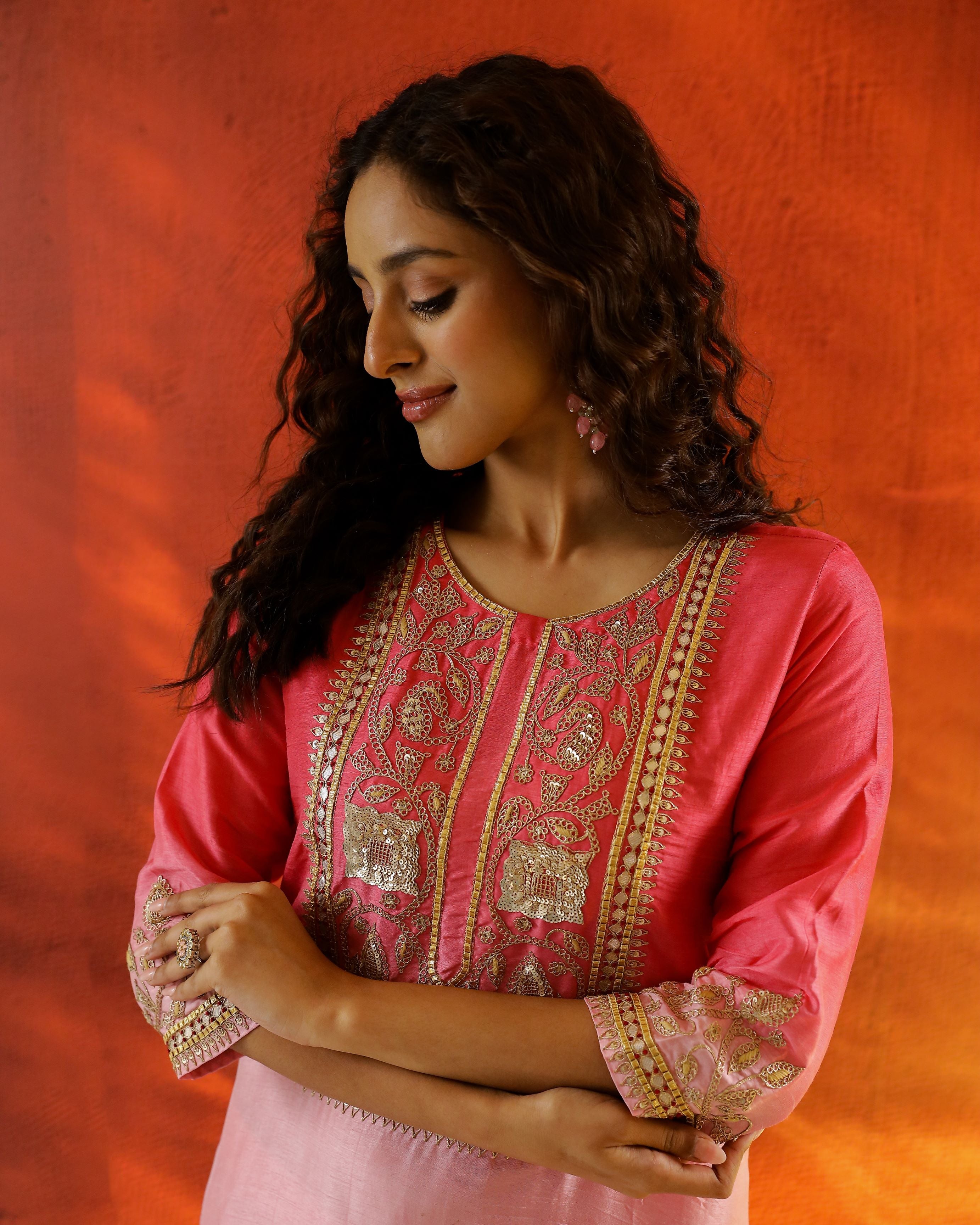 Peach Embellished Raw Silk Kurta Set