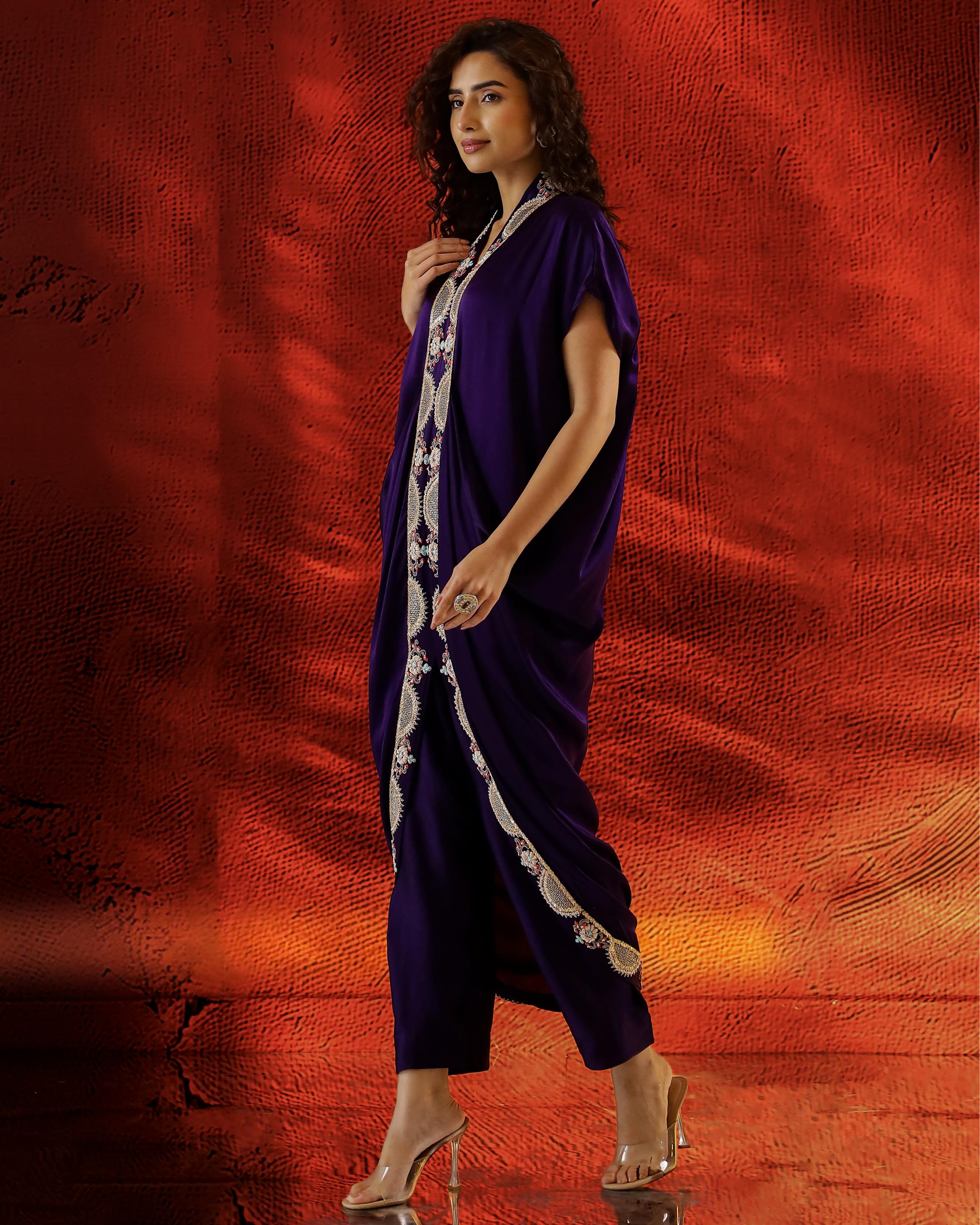 Purple Embellished Satin Silk Dress With Pants