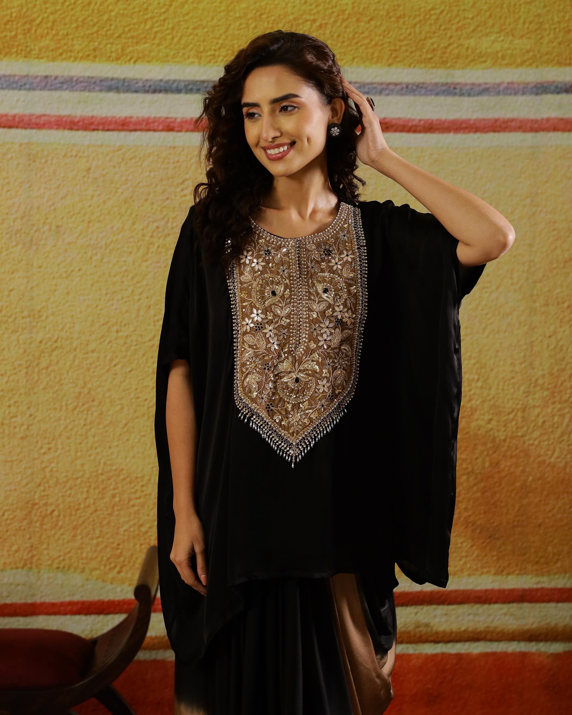 Black Embellished Satin Silk Kaftan & Skirt Set