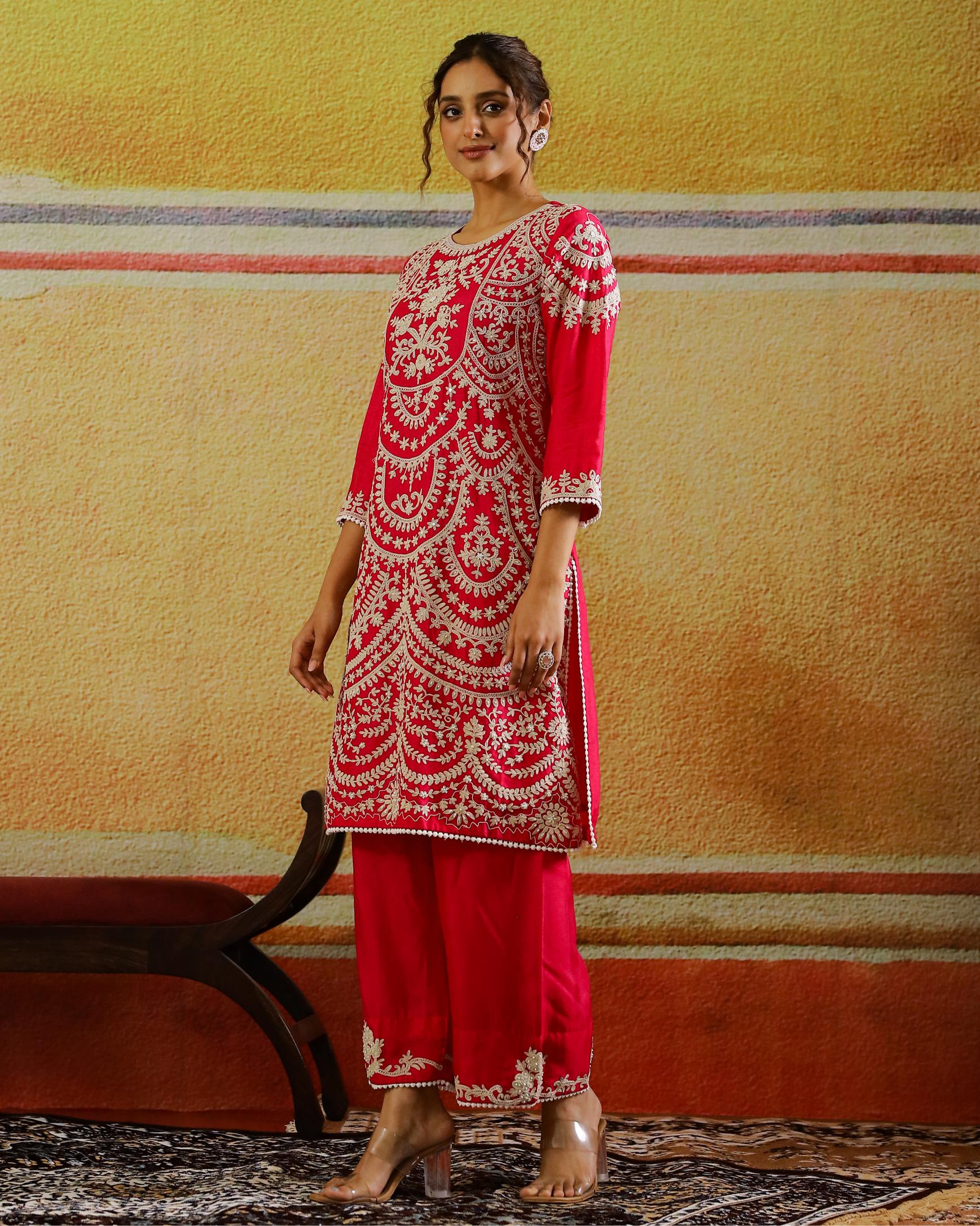 Rani Pink Embroidered Raw Silk Kurta Set