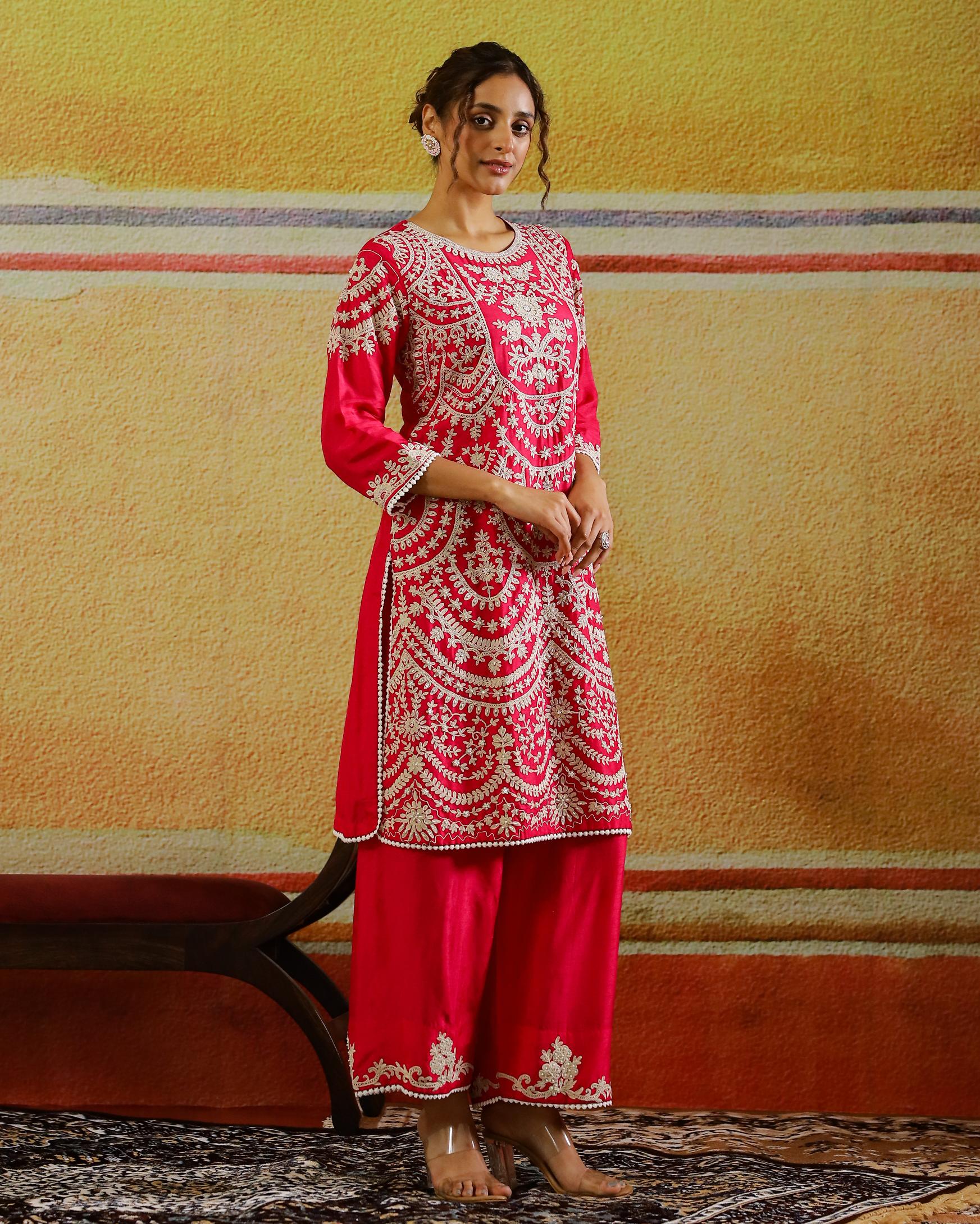 Rani Pink Embroidered Raw Silk Kurta Set