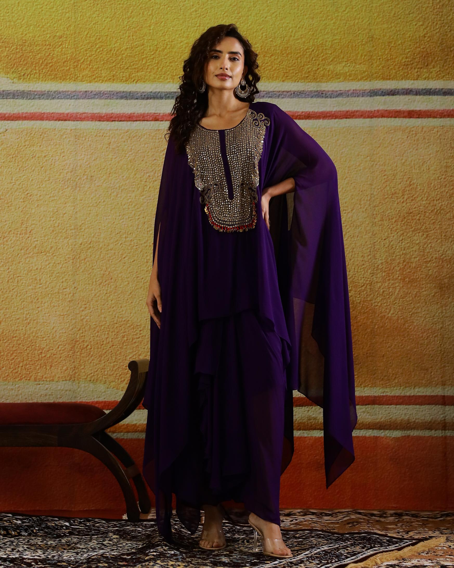 Purple Embellished Georgette Kaftan Set