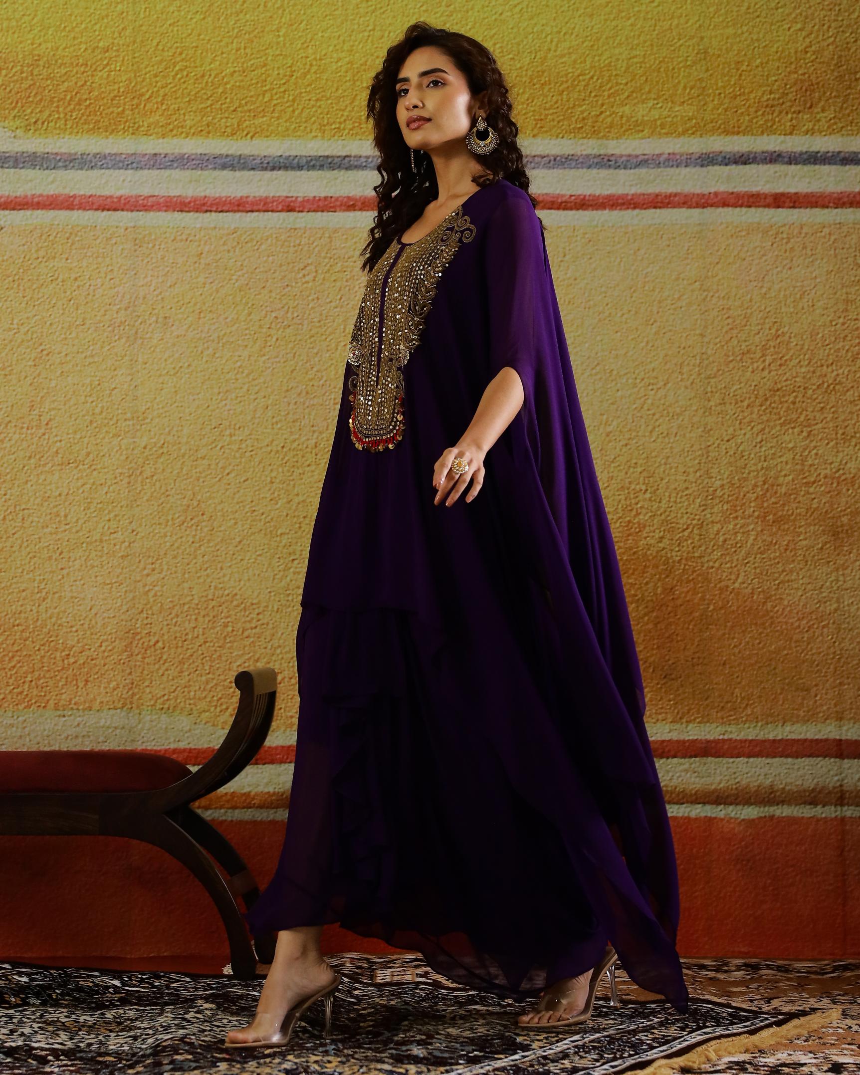 Purple Embellished Georgette Kaftan Set