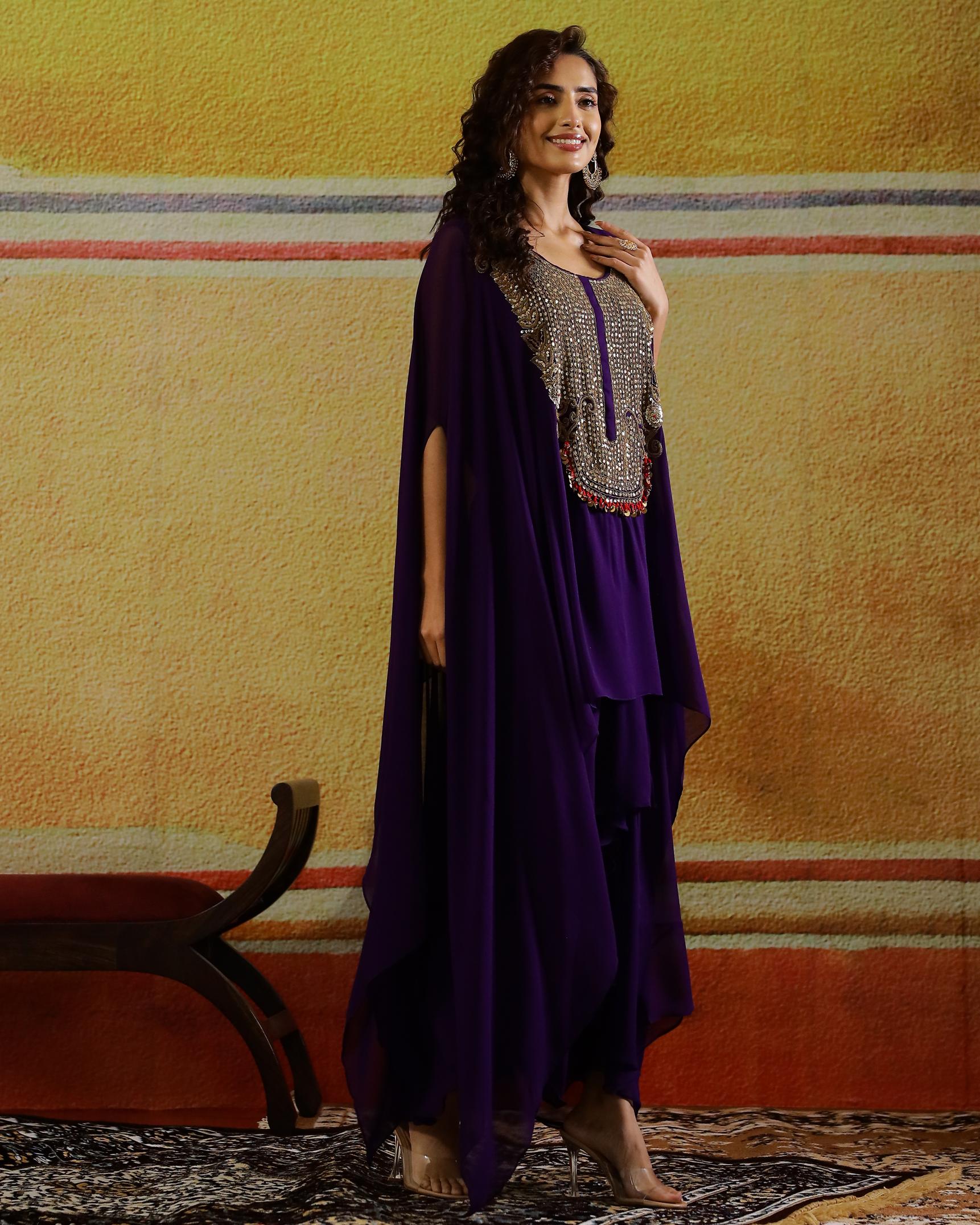 Purple Embellished Georgette Kaftan Set