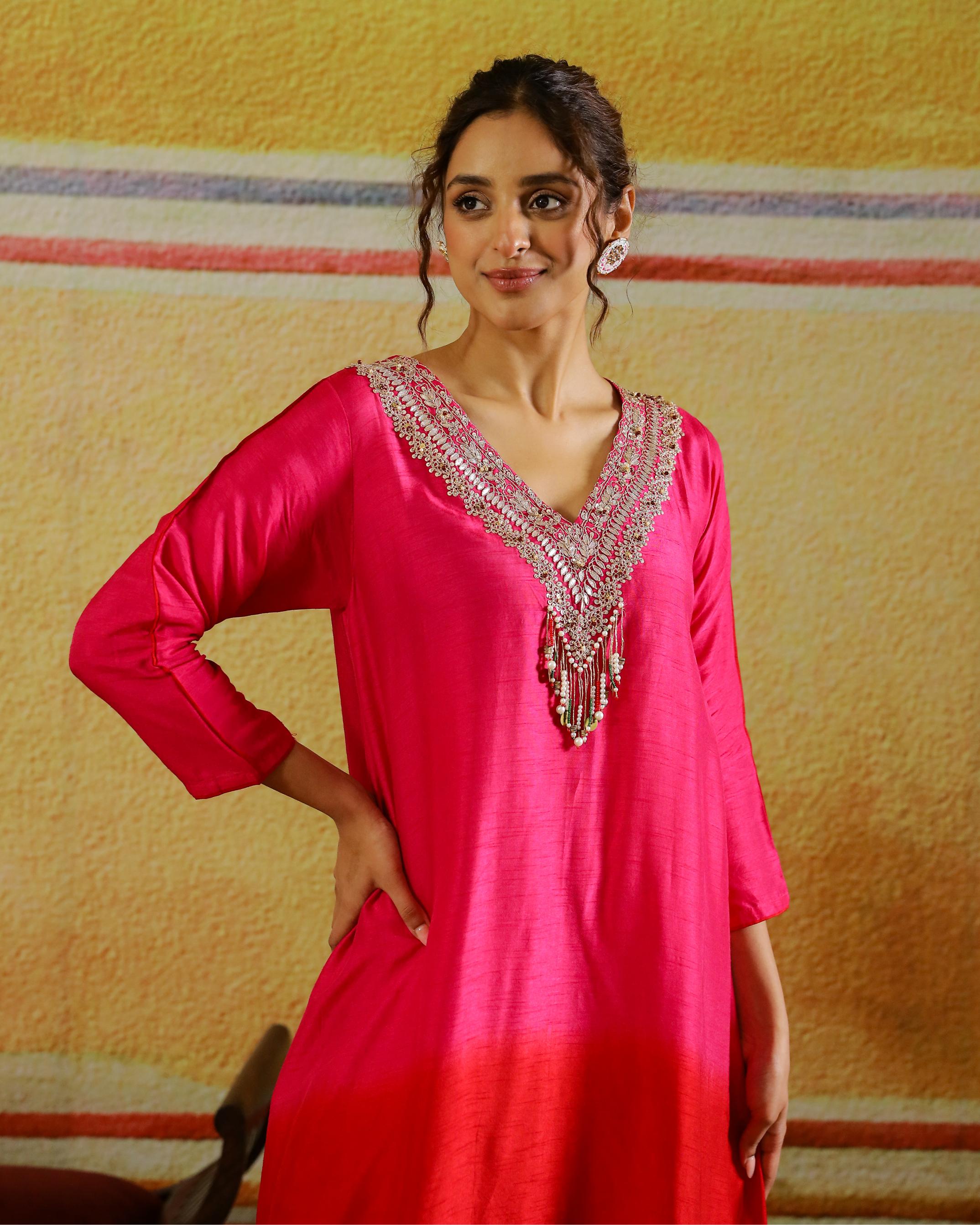 Rani Pink Embellished Raw Silk Kurta Set