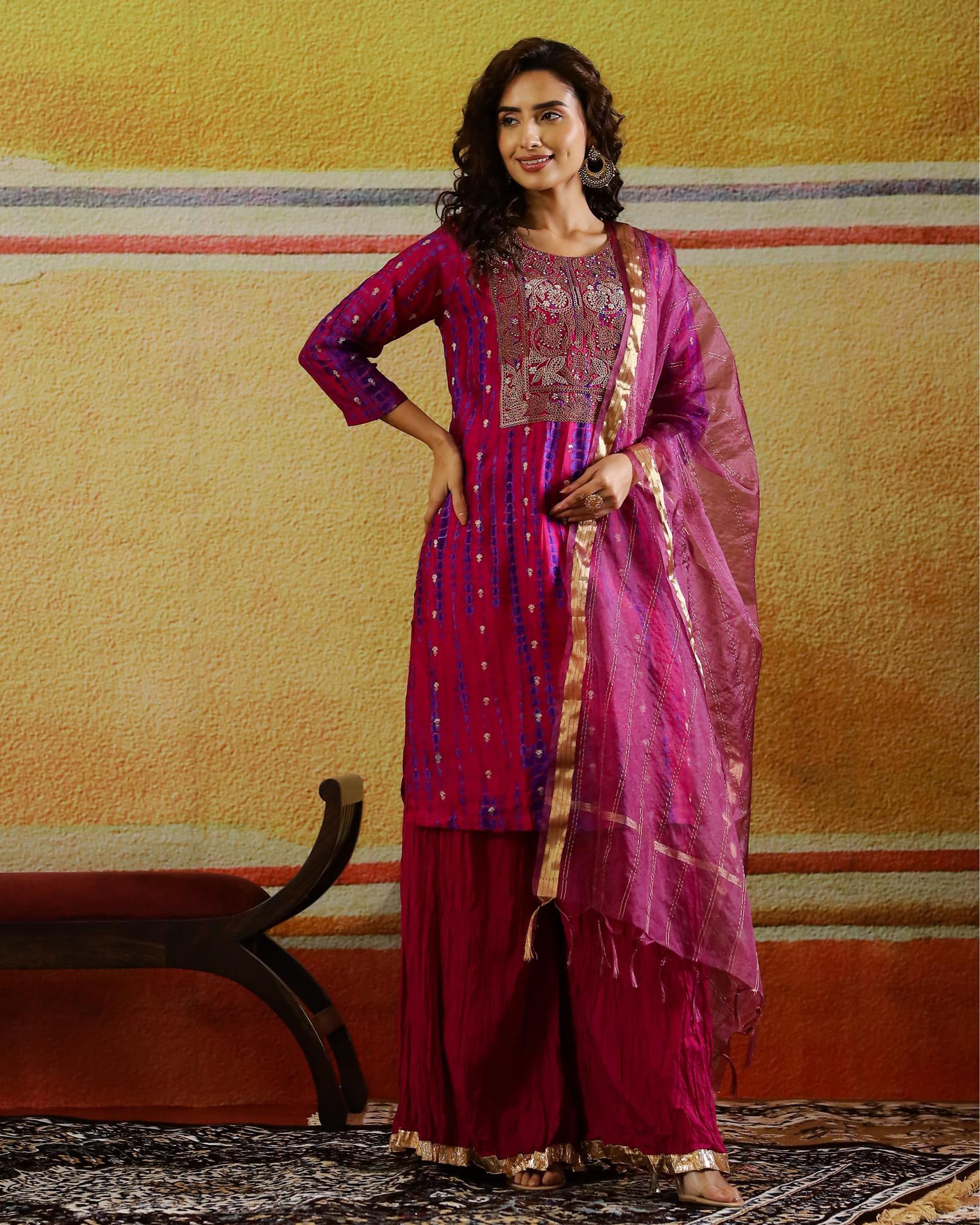 Rani Pink Embellished Silk Kurta Set