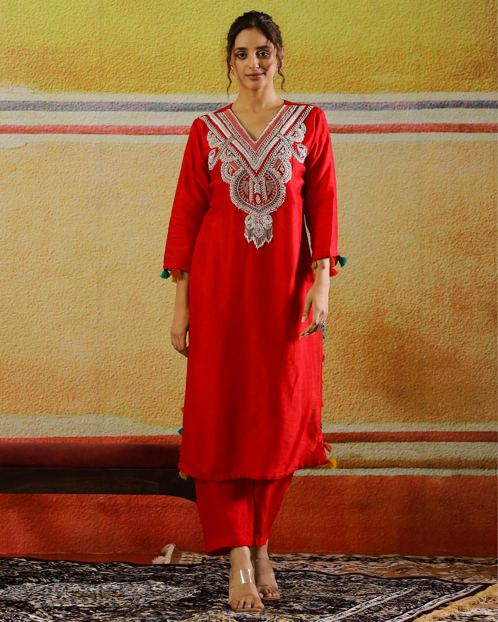 Hot Red Embellished Raw Silk Kurta Set