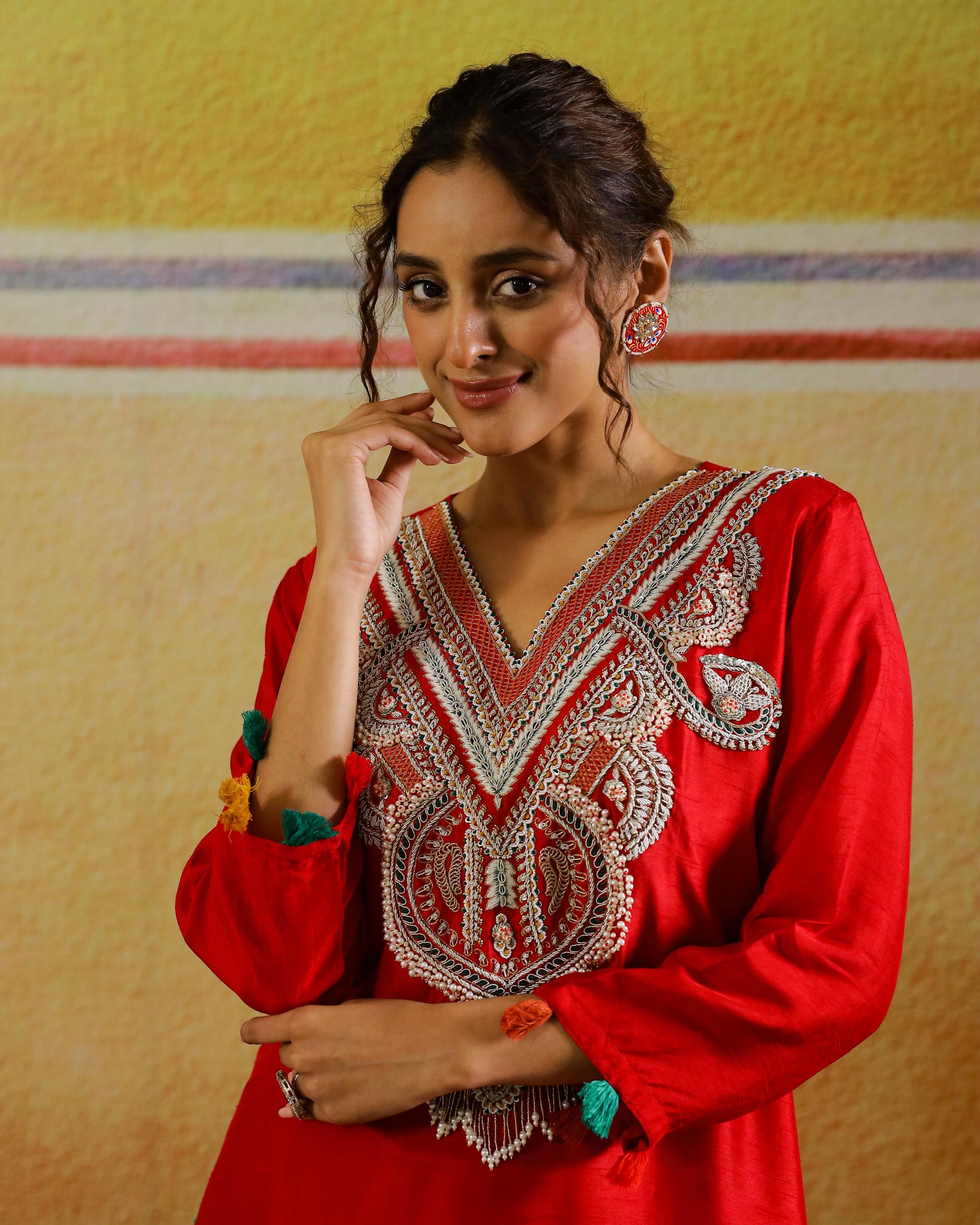 Hot Red Embellished Raw Silk Kurta Set