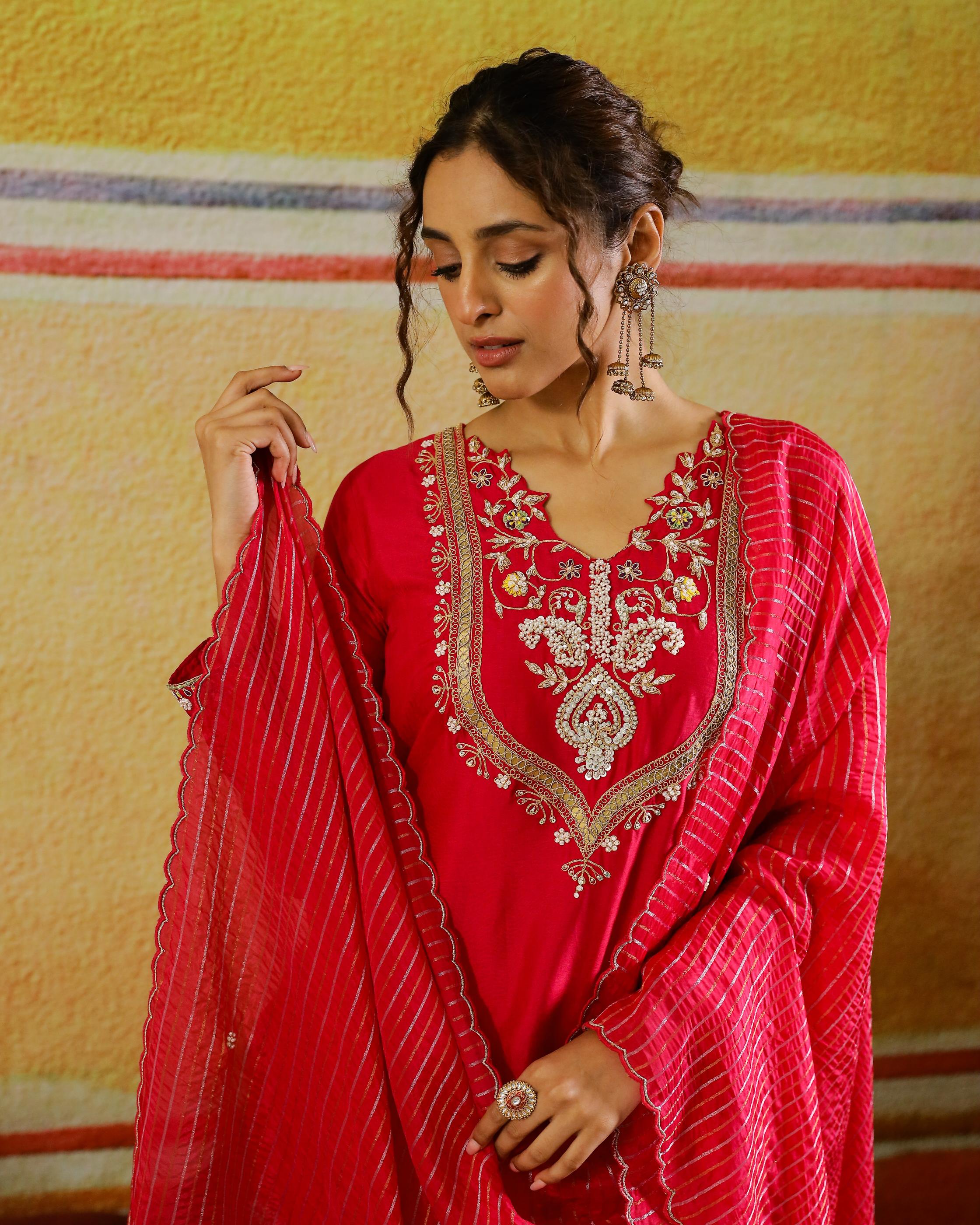 Rani Pink Embellished Raw Silk Sharara Set