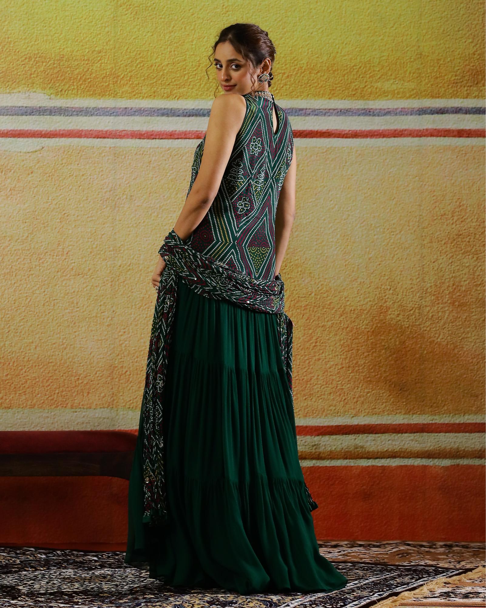 Emerald Green Embellished Habutai Silk Skirt Set