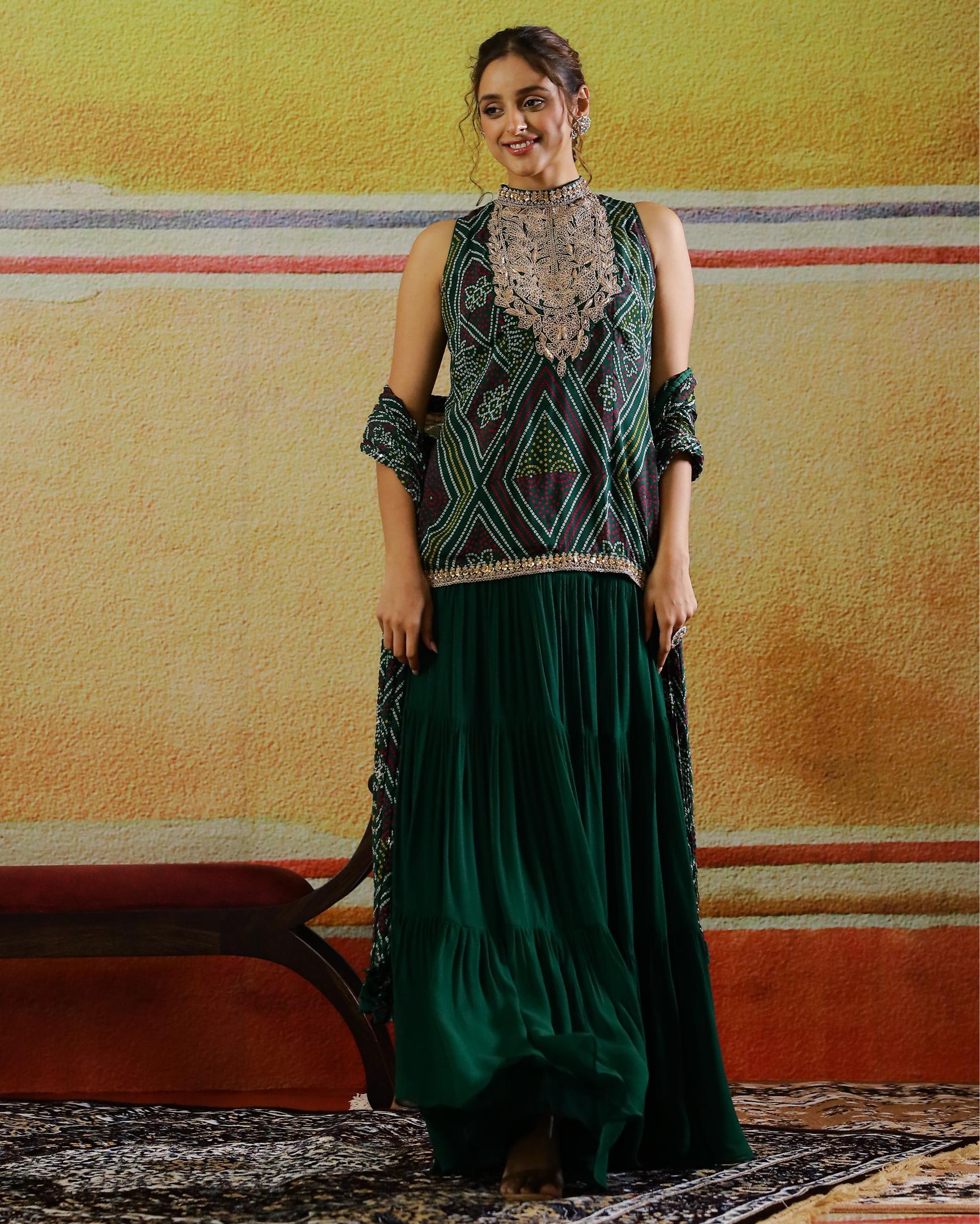 Emerald Green Embellished Habutai Silk Skirt Set