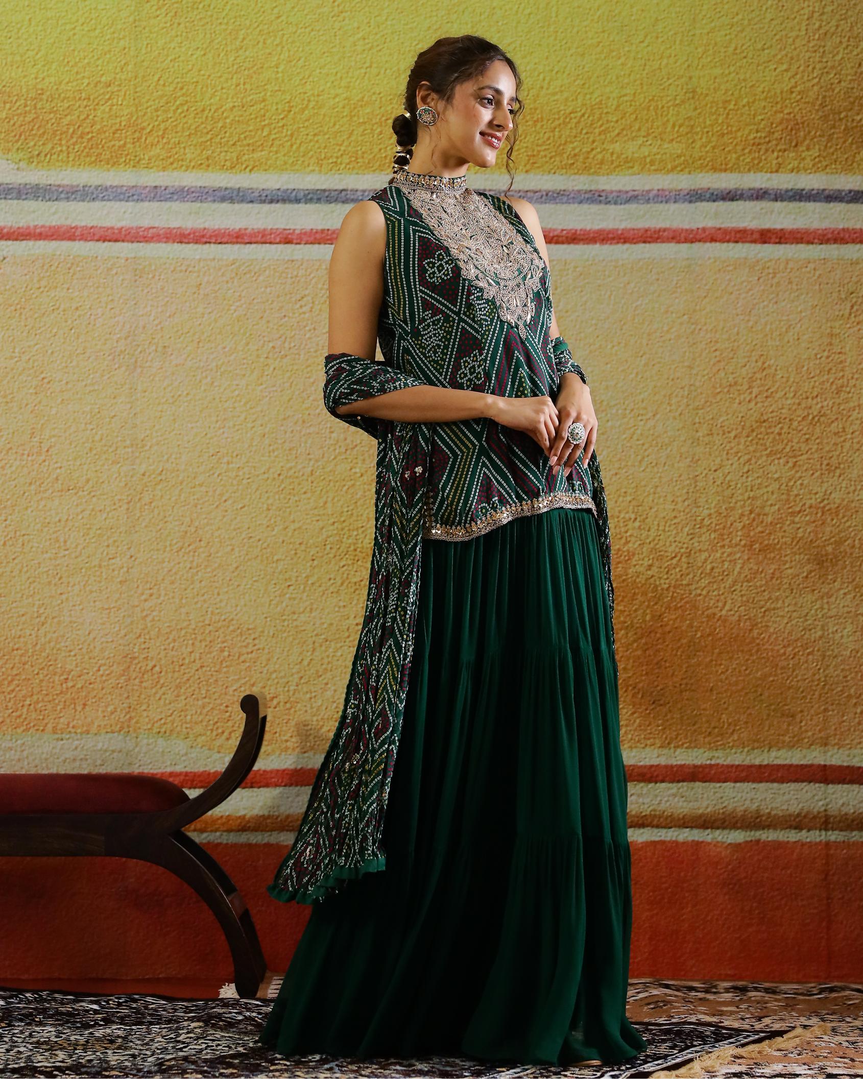 Emerald Green Embellished Habutai Silk Skirt Set