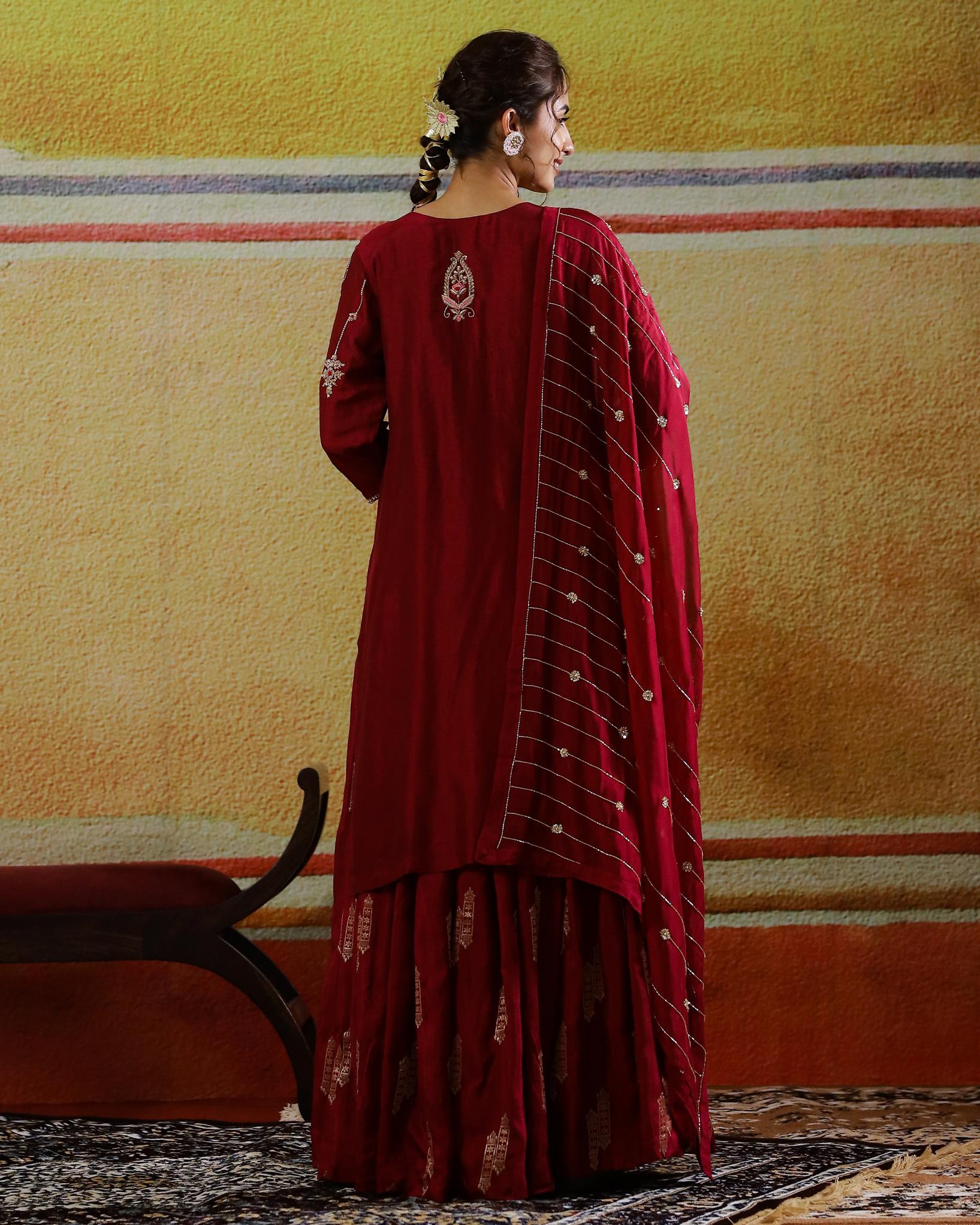 Burgundy Embellished Habutai Silk Kurta Set