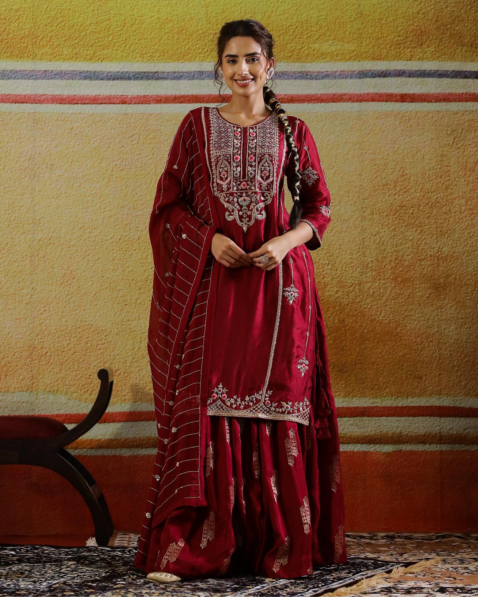 Burgundy Embellished Habutai Silk Kurta Set