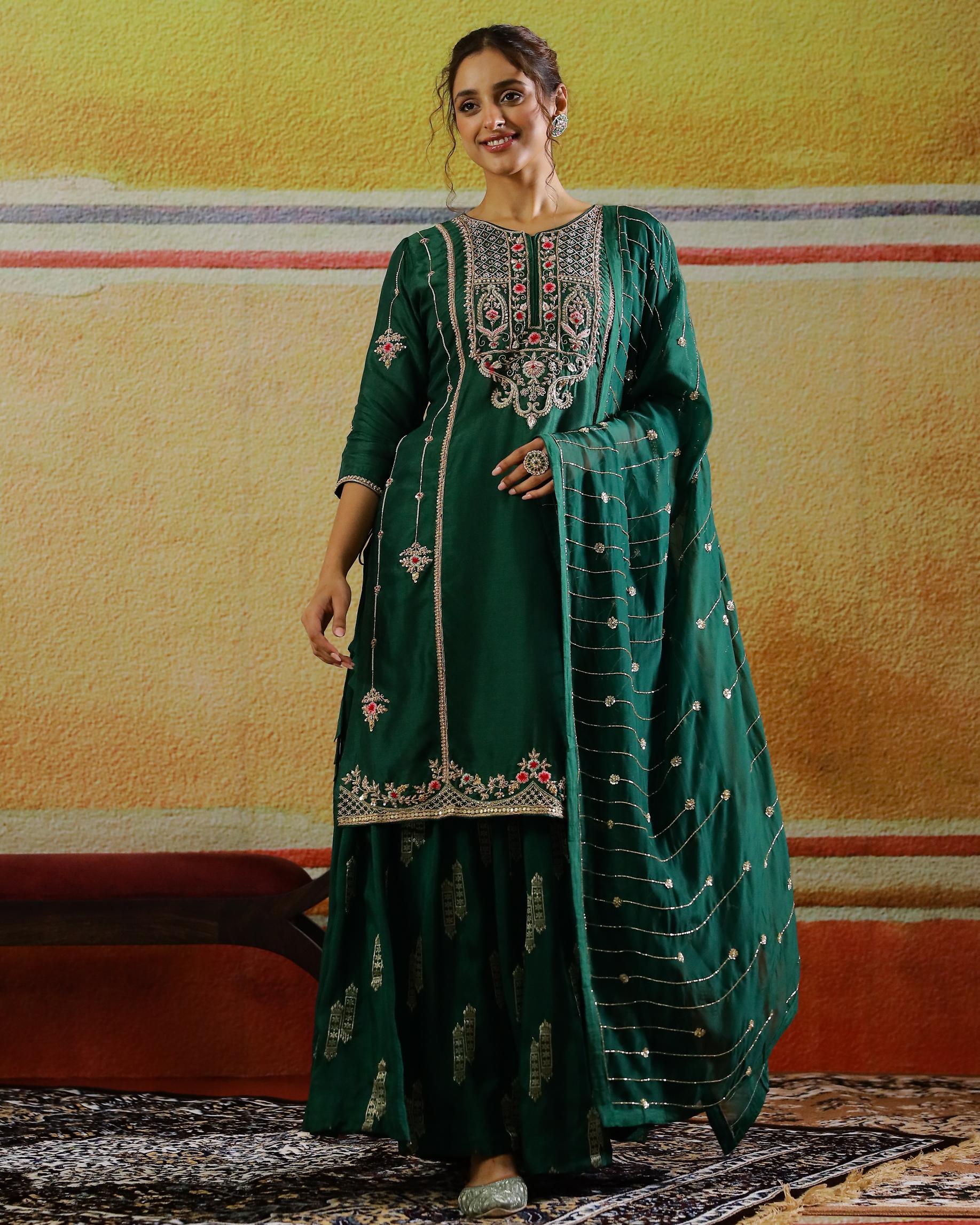 Deep Green Embellished Habutai Silk Kurta Set