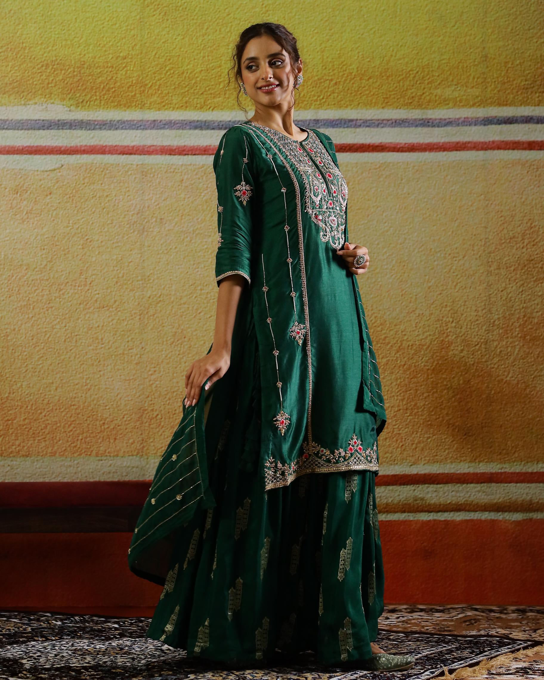 Deep Green Embellished Habutai Silk Kurta Set