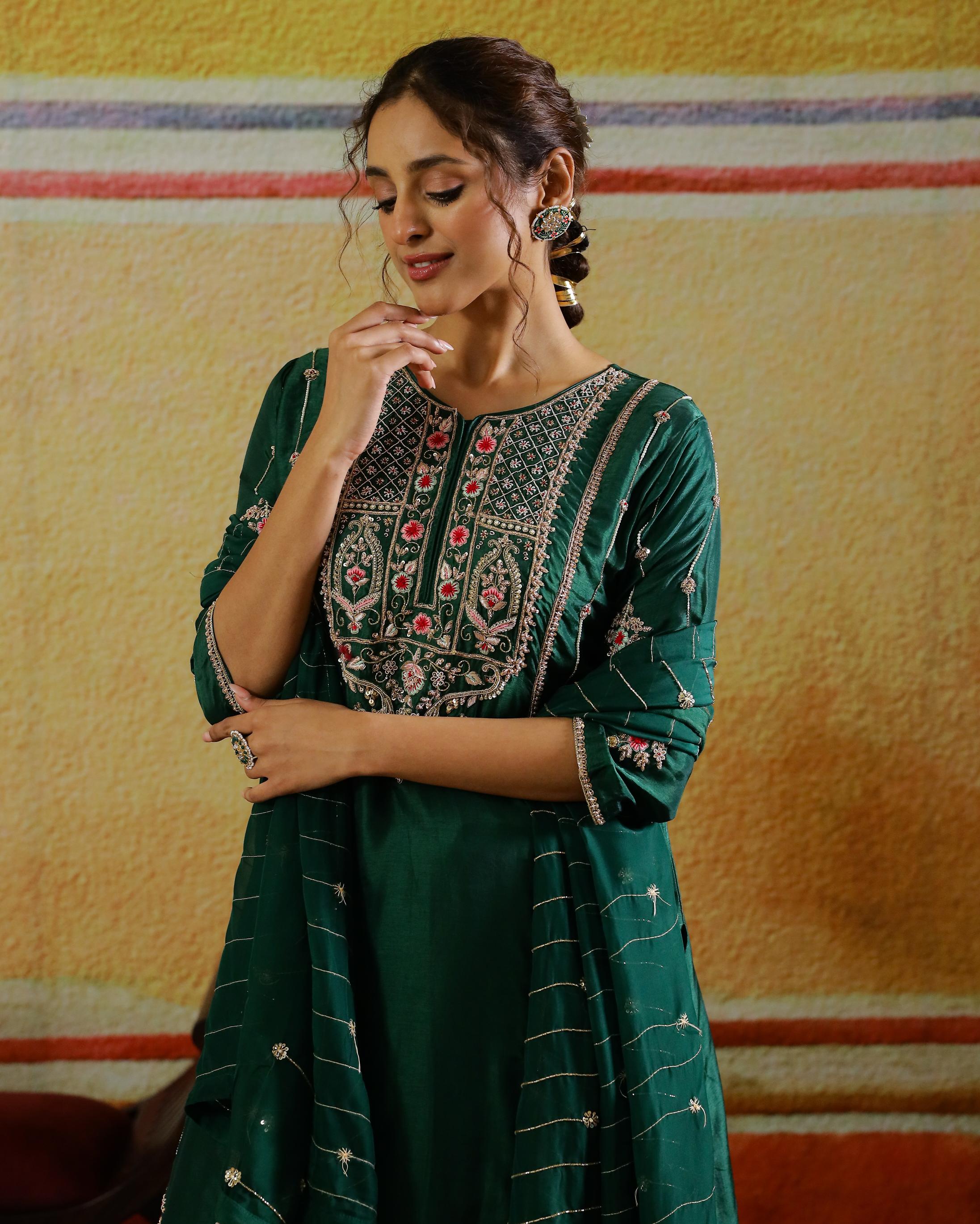 Deep Green Embellished Habutai Silk Kurta Set