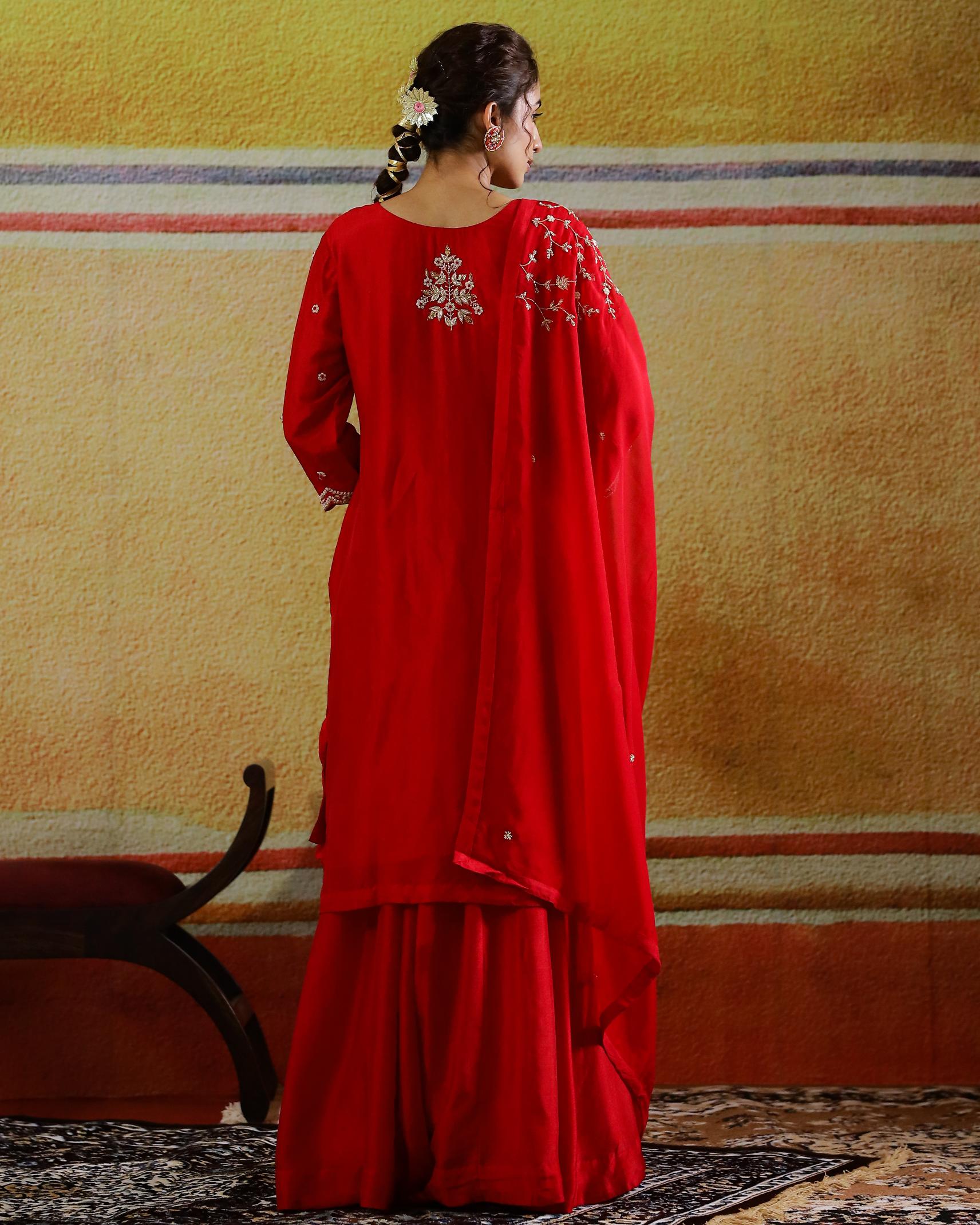 Ruby Red Embellished Raw Silk Palazzo Set